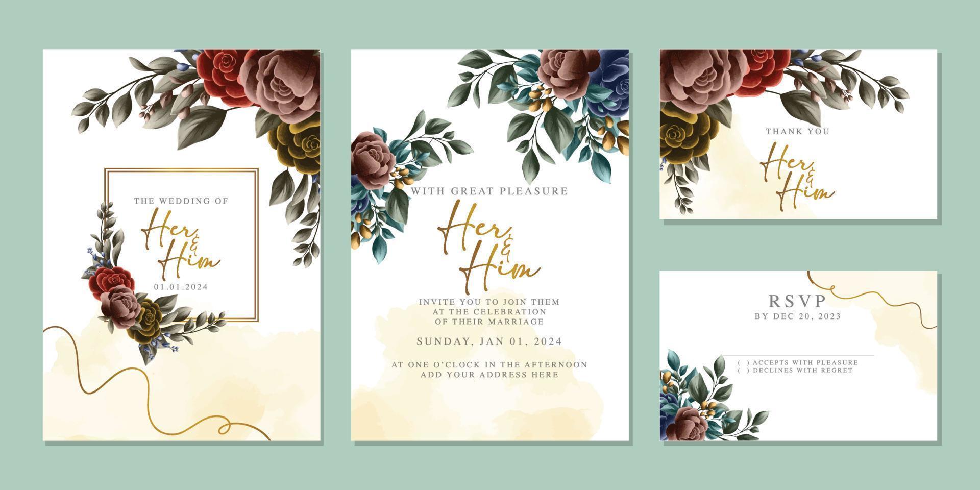 modèle de fond de carte d'invitation de mariage de belles fleurs de luxe vecteur