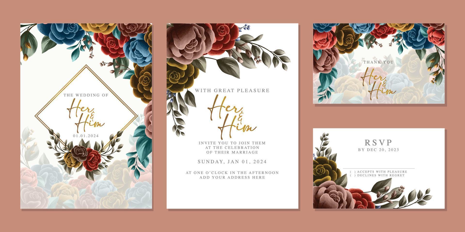 modèle de fond de carte d'invitation de mariage de belles fleurs de luxe vecteur