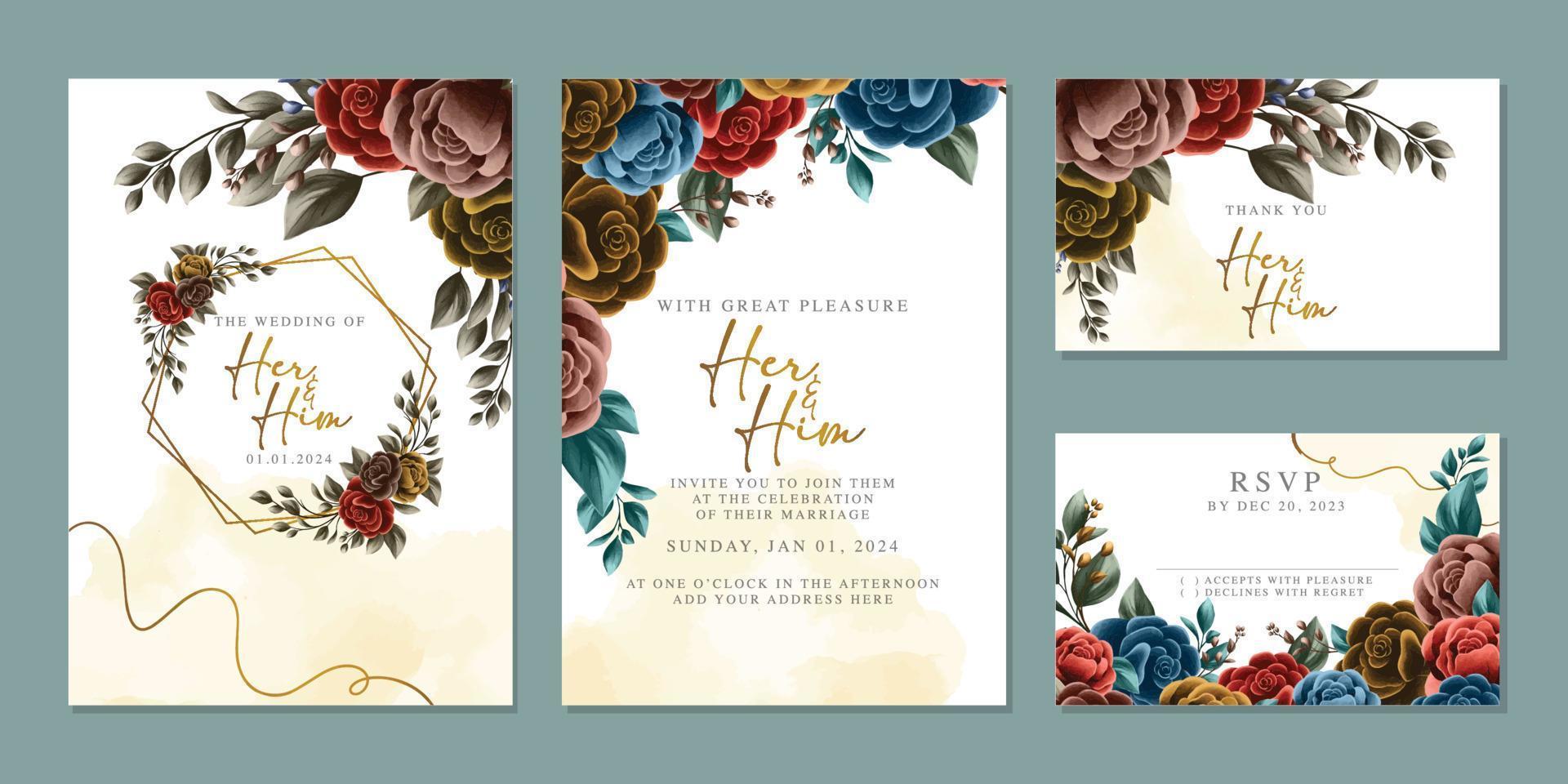 modèle de fond de carte d'invitation de mariage de belles fleurs de luxe vecteur