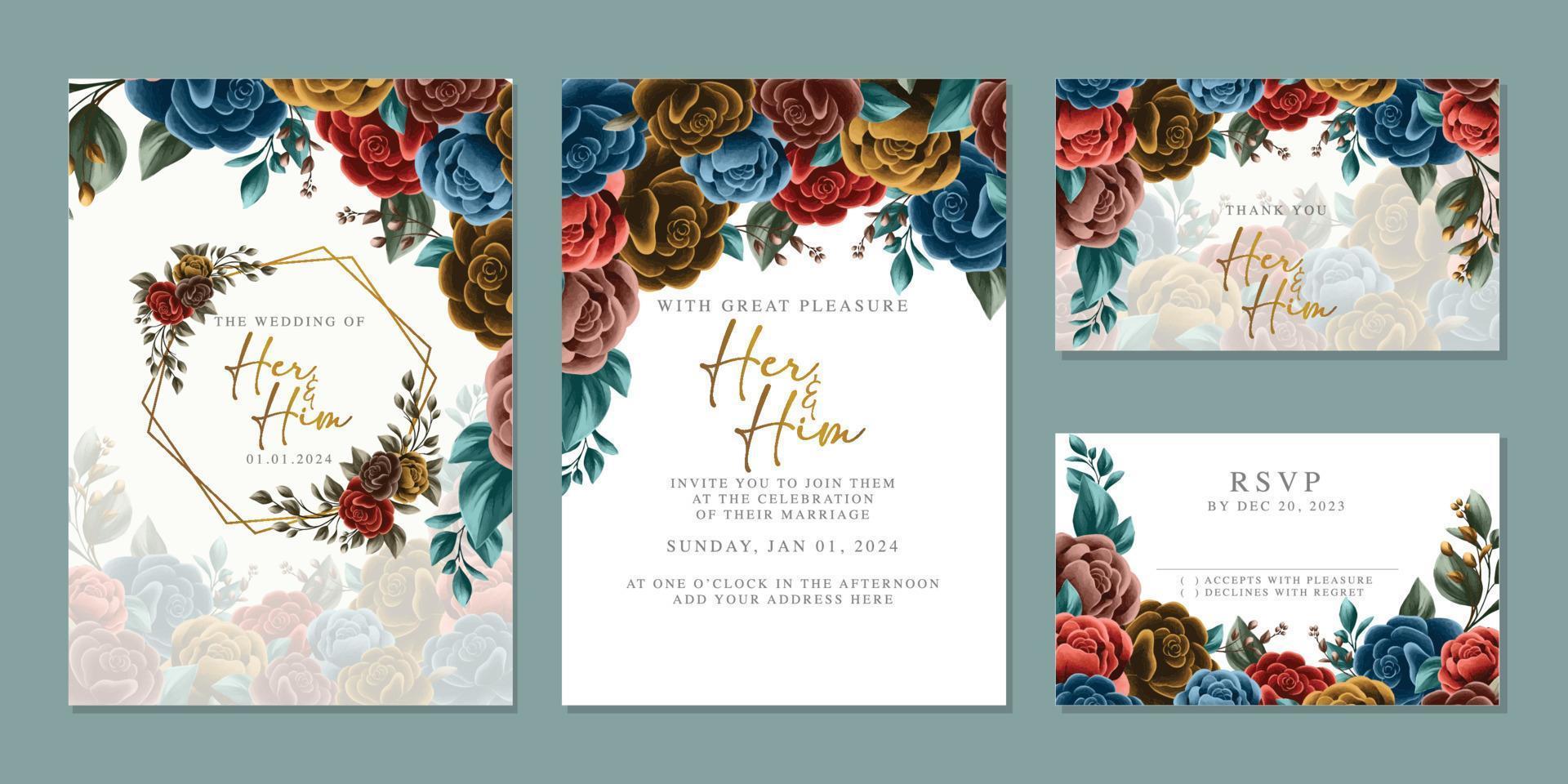 modèle de fond de carte d'invitation de mariage de belles fleurs de luxe vecteur