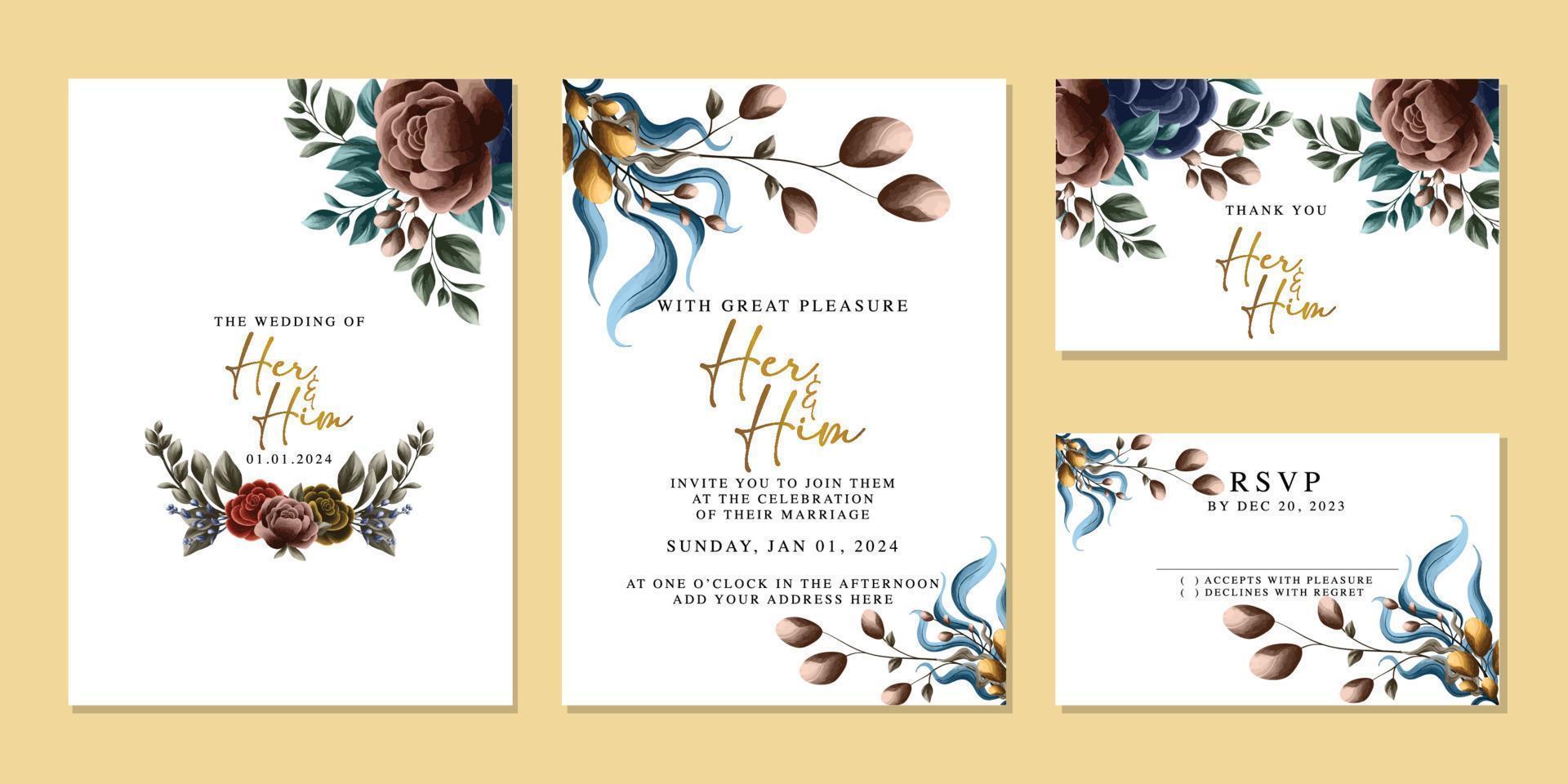 modèle de fond de carte d'invitation de mariage de belles fleurs de luxe vecteur