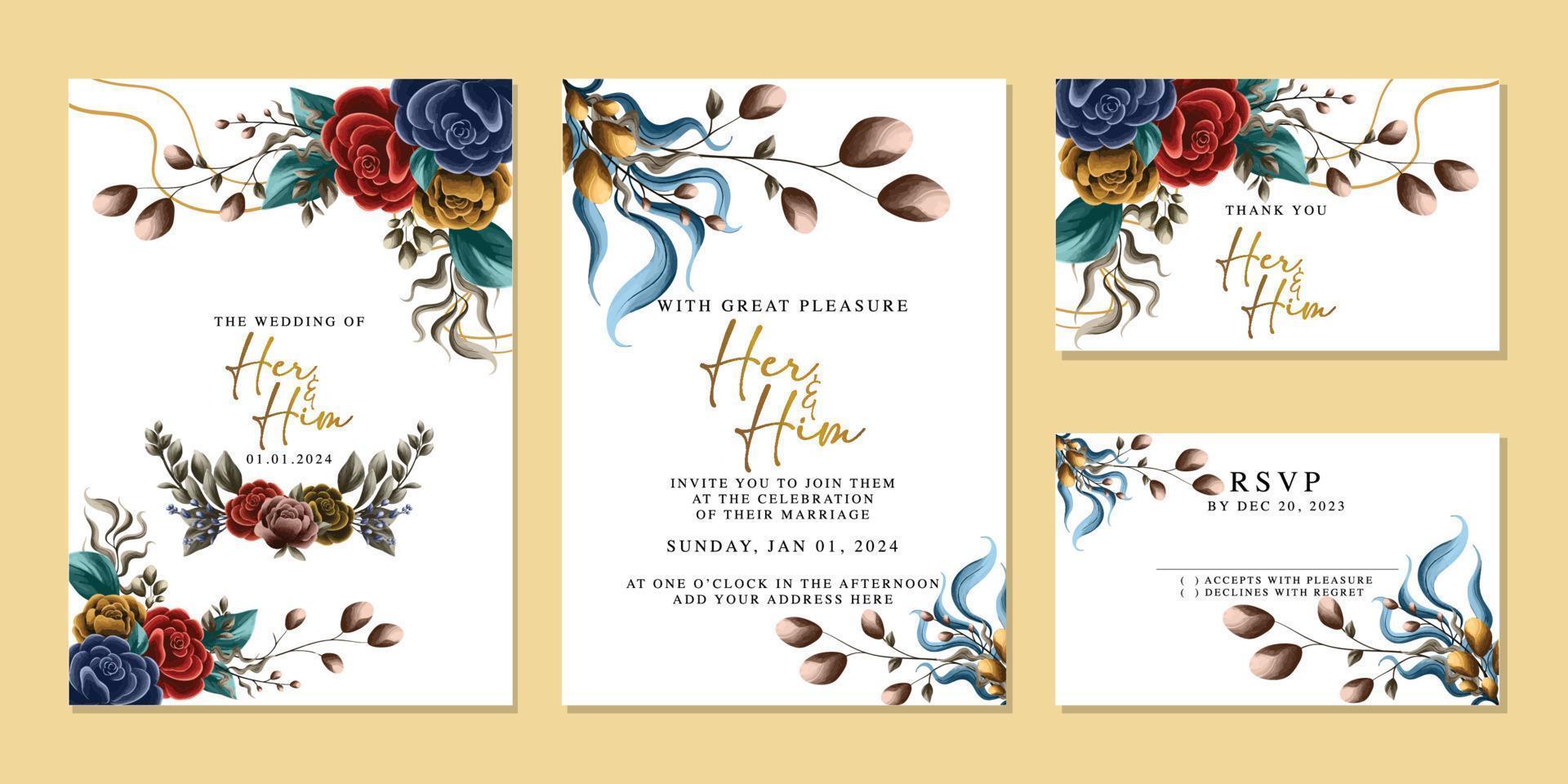 modèle de fond de carte d'invitation de mariage de belles fleurs de luxe vecteur