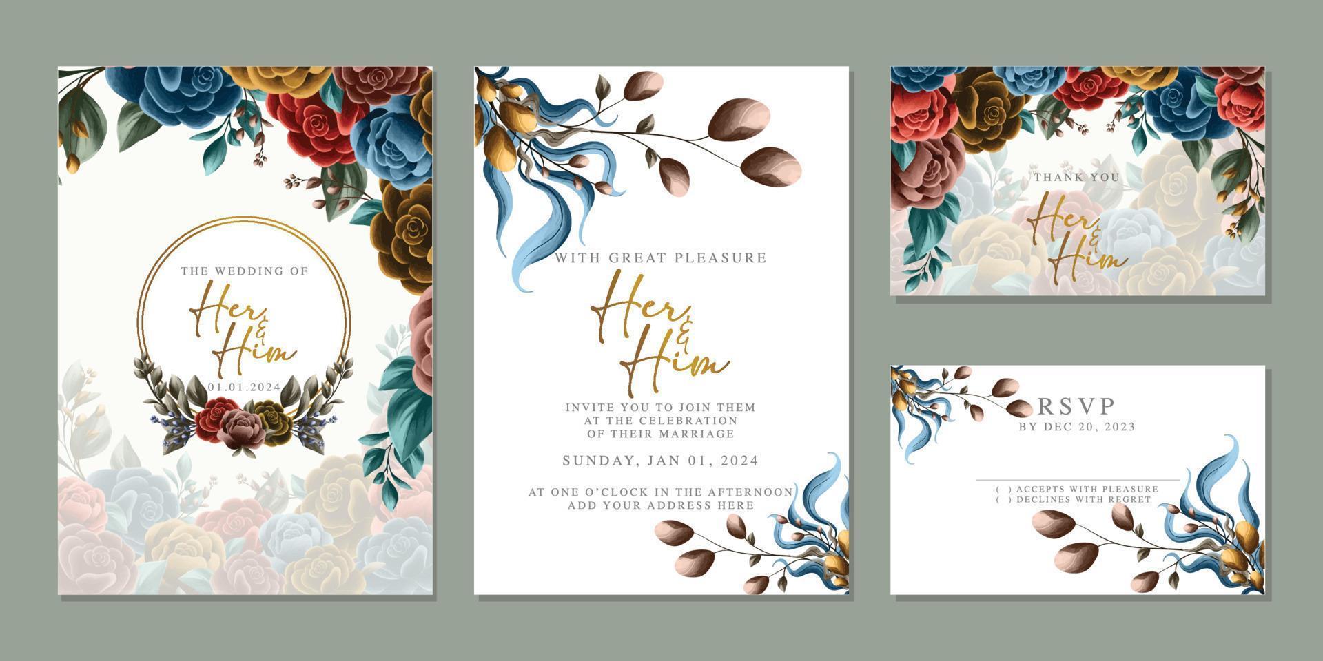 modèle de fond de carte d'invitation de mariage de belles fleurs de luxe vecteur