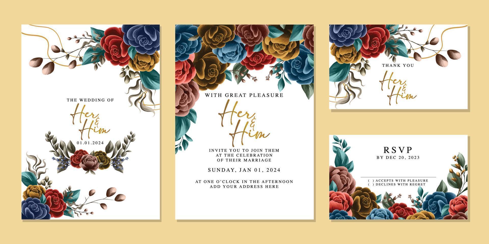 modèle de fond de carte d'invitation de mariage de belles fleurs de luxe vecteur