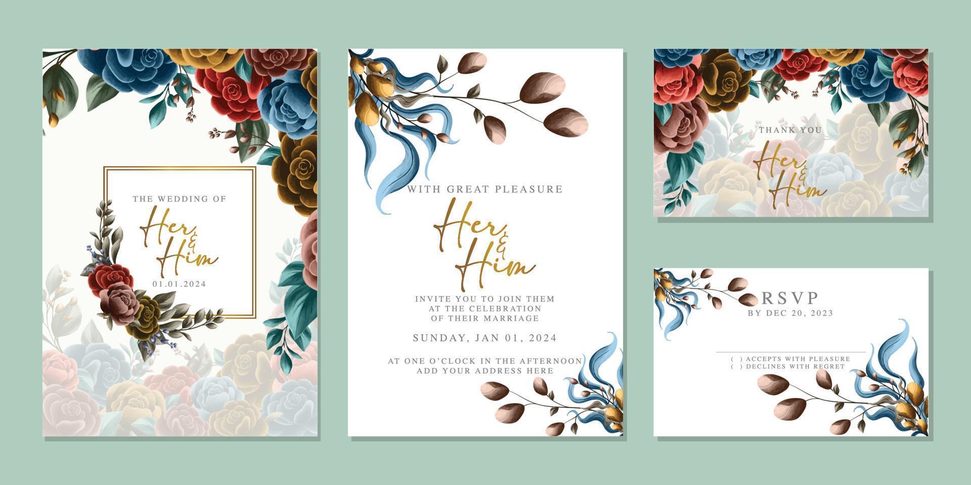 modèle de fond de carte d'invitation de mariage de belles fleurs de luxe vecteur