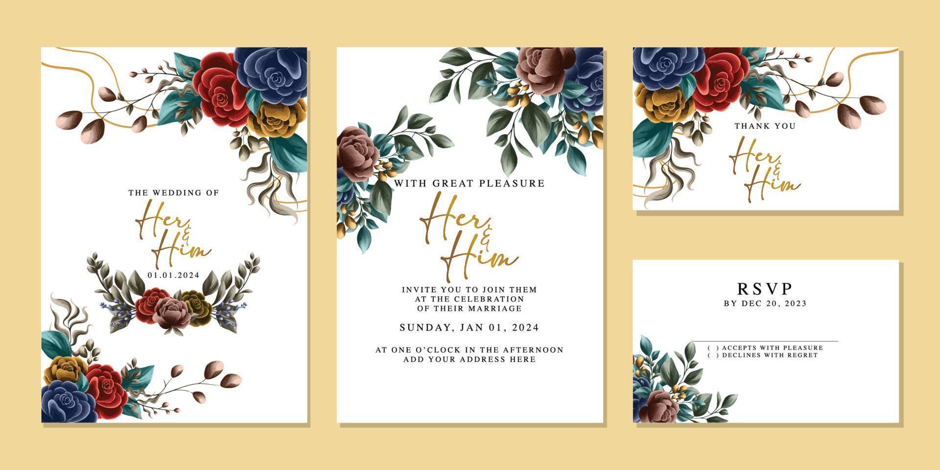 modèle de fond de carte d'invitation de mariage de belles fleurs de luxe vecteur