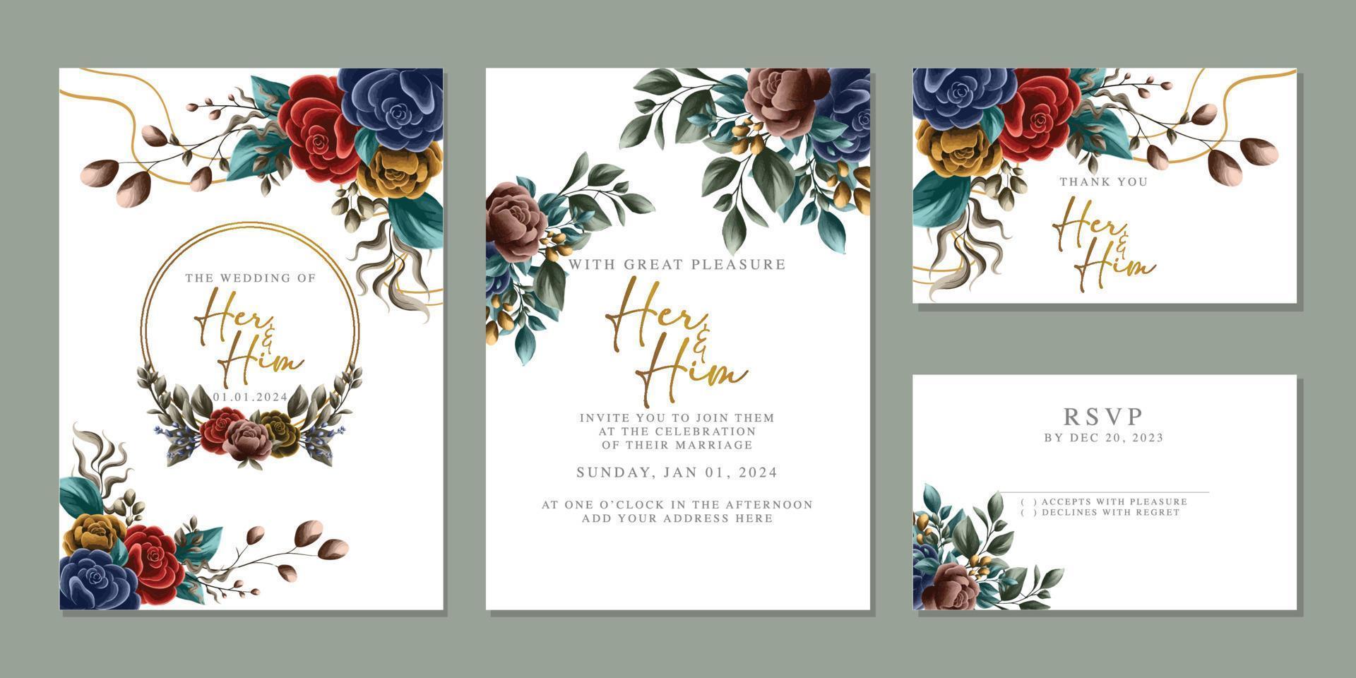 modèle de fond de carte d'invitation de mariage de belles fleurs de luxe vecteur