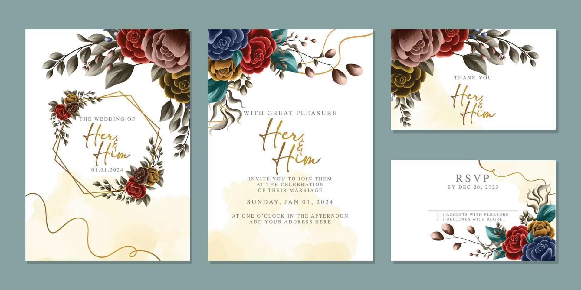 modèle de fond de carte d'invitation de mariage de belles fleurs de luxe vecteur