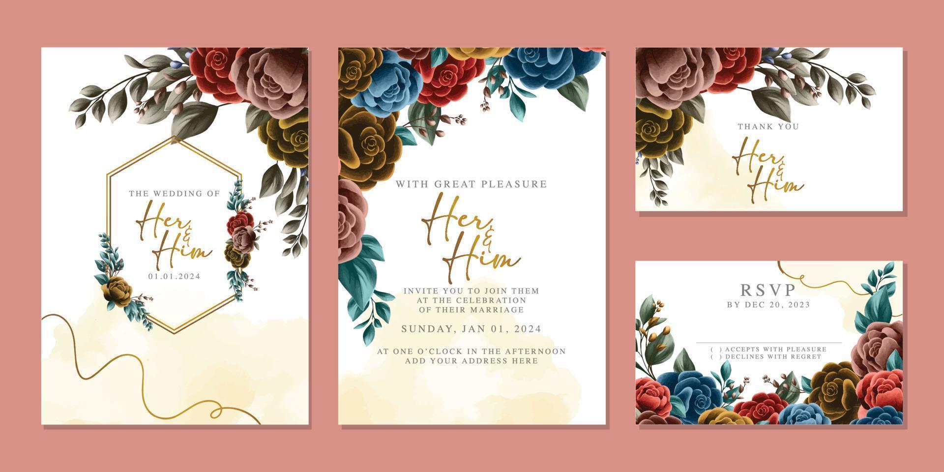 modèle de fond de carte d'invitation de mariage de belles fleurs de luxe vecteur