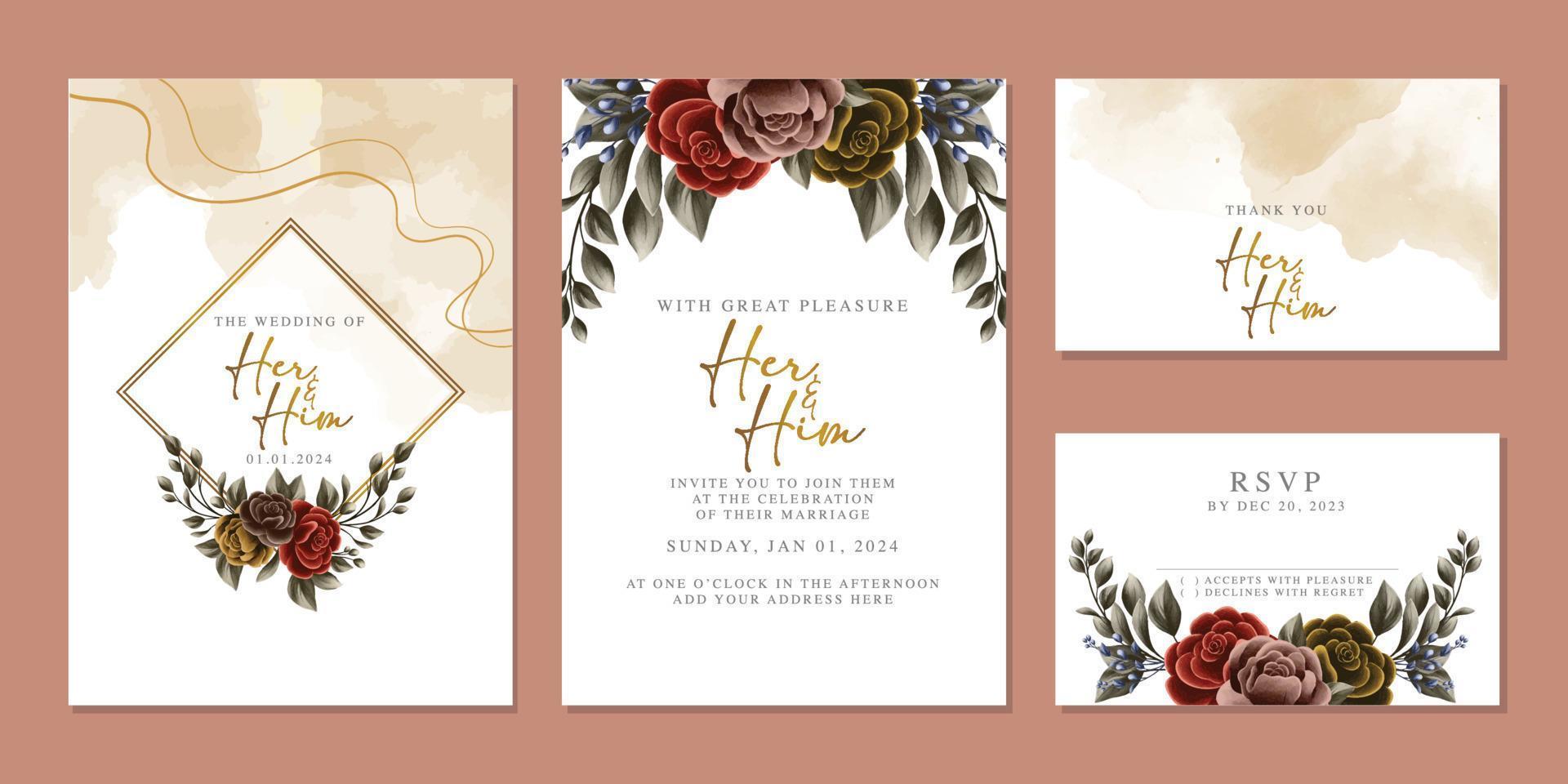 modèle de fond de carte d'invitation de mariage de belles fleurs de luxe vecteur