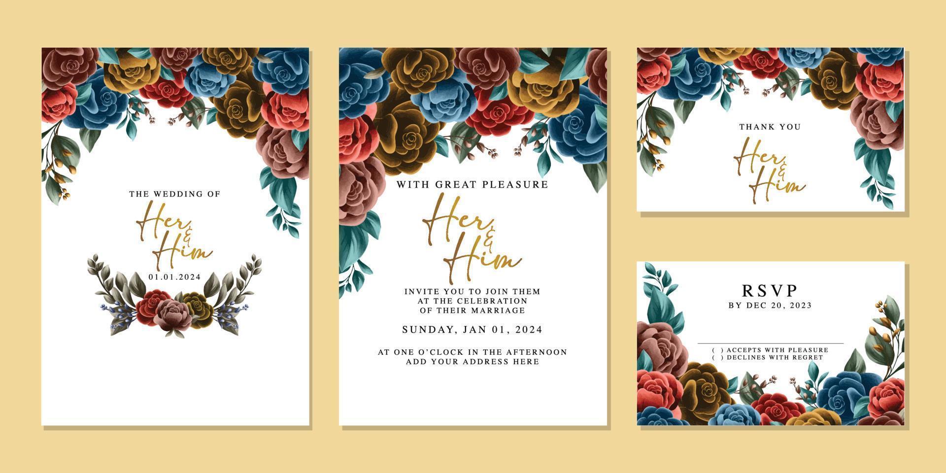 modèle de fond de carte d'invitation de mariage de belles fleurs de luxe vecteur