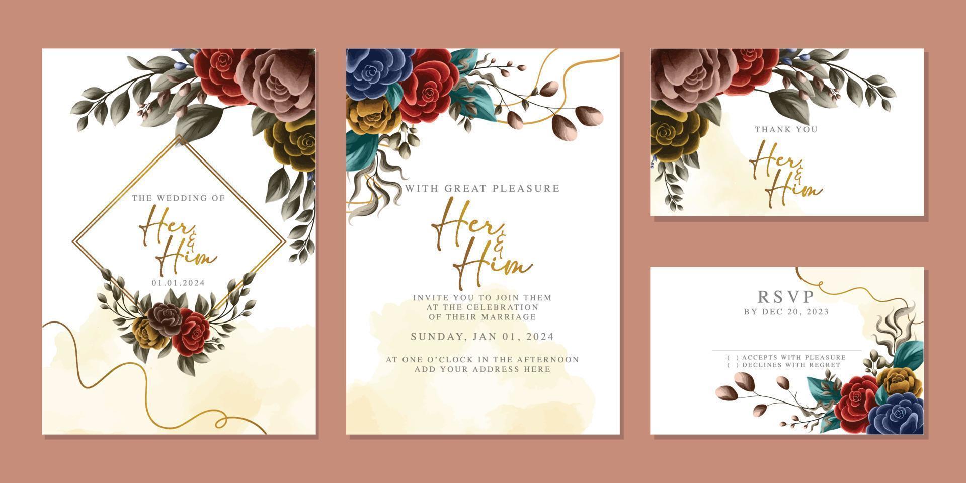 modèle de fond de carte d'invitation de mariage de belles fleurs de luxe vecteur