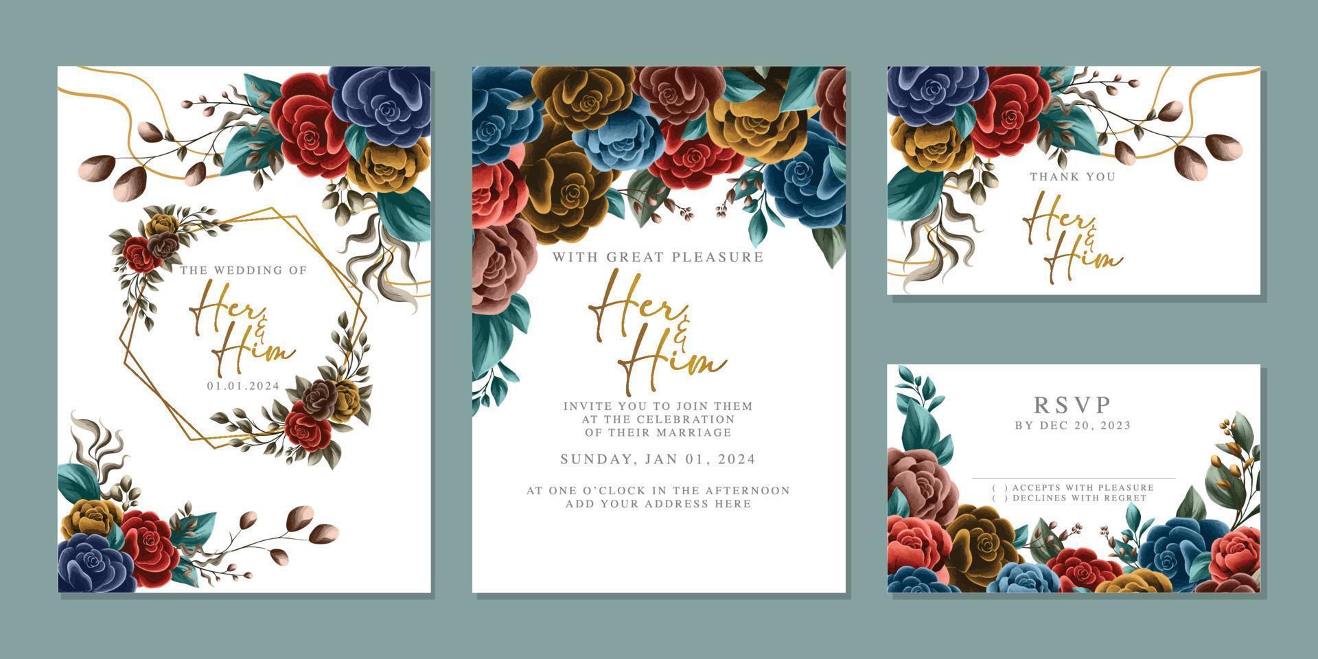 modèle de fond de carte d'invitation de mariage de belles fleurs de luxe vecteur