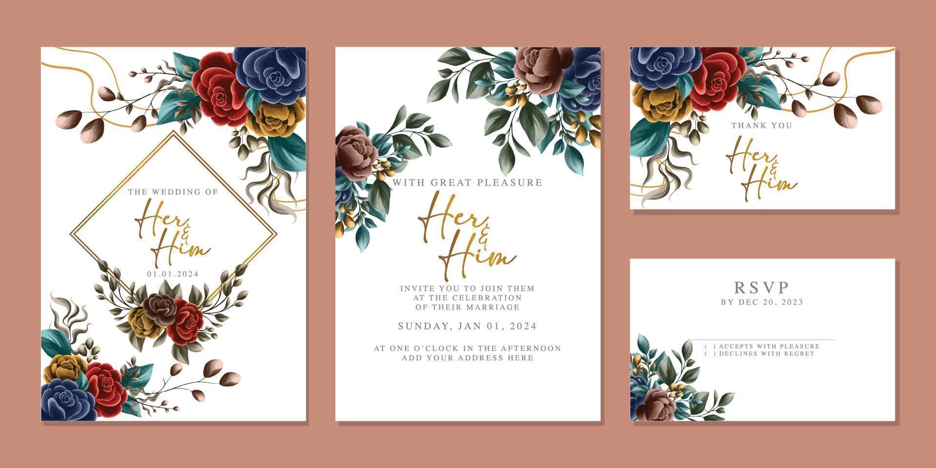 modèle de fond de carte d'invitation de mariage de belles fleurs de luxe vecteur