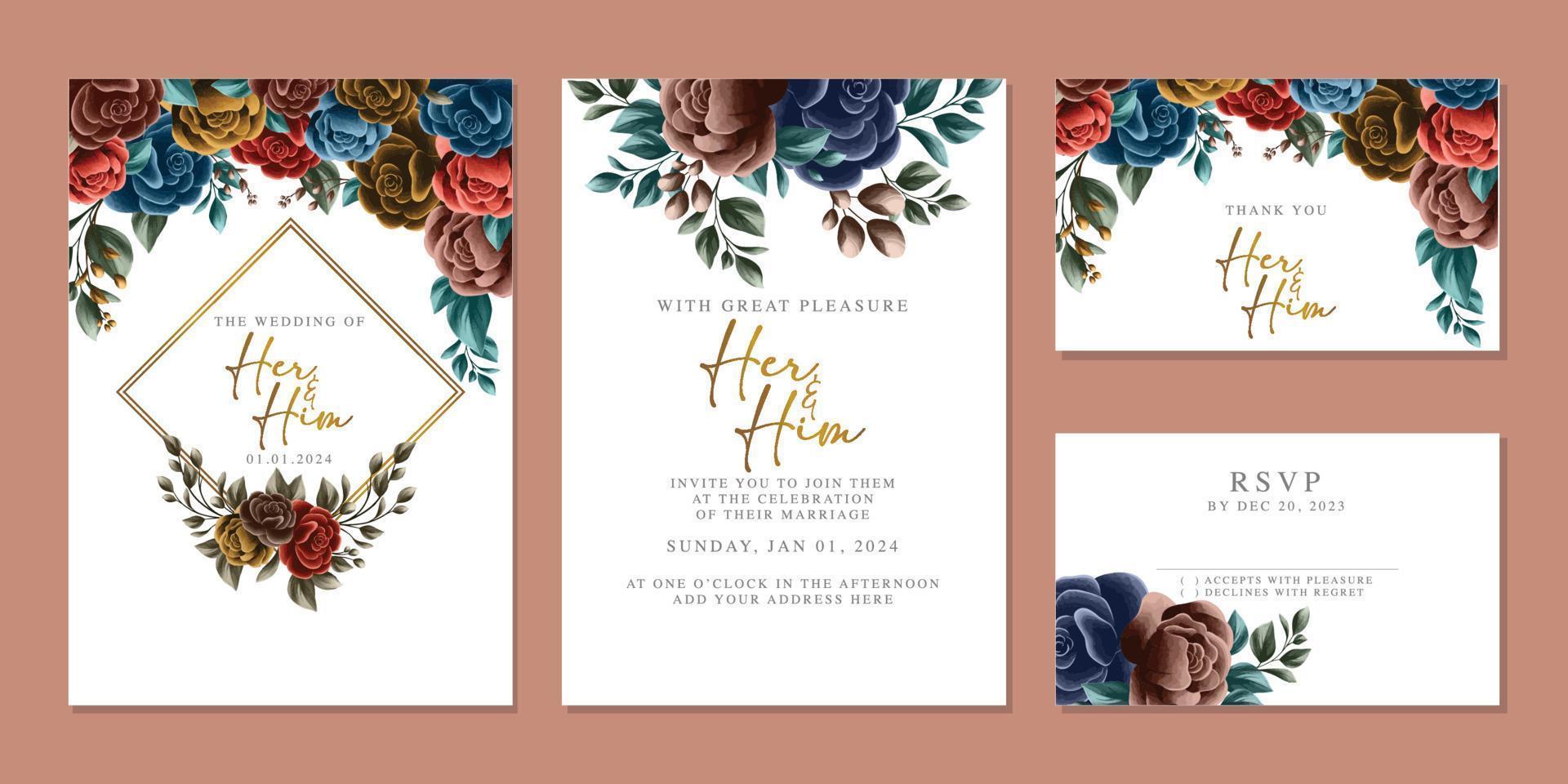 modèle de fond de carte d'invitation de mariage de belles fleurs de luxe vecteur