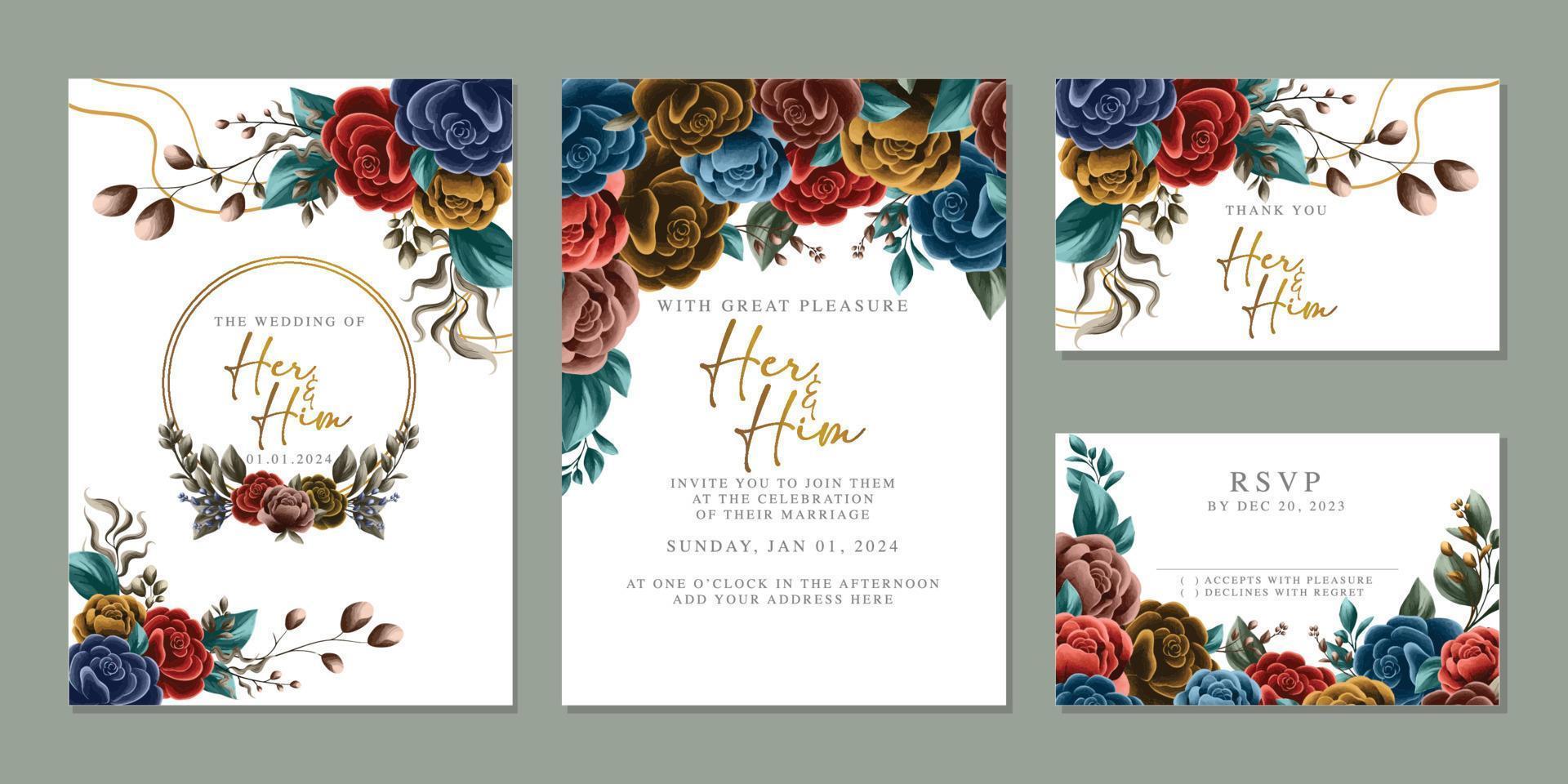 modèle de fond de carte d'invitation de mariage de belles fleurs de luxe vecteur