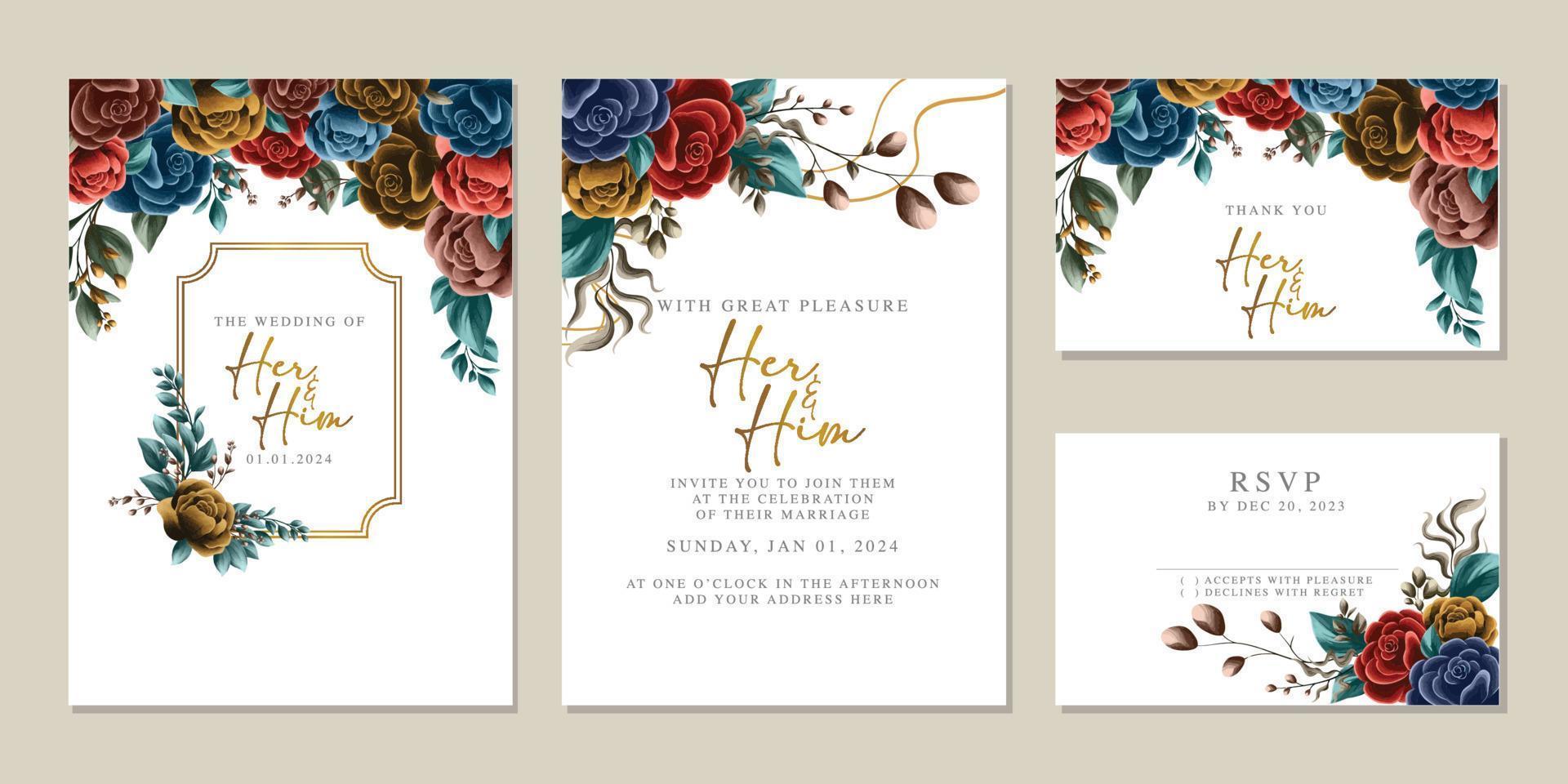 modèle de fond de carte d'invitation de mariage de belles fleurs de luxe vecteur