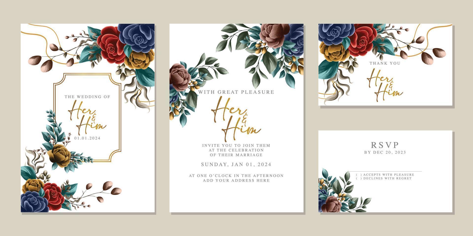 modèle de fond de carte d'invitation de mariage de belles fleurs de luxe vecteur