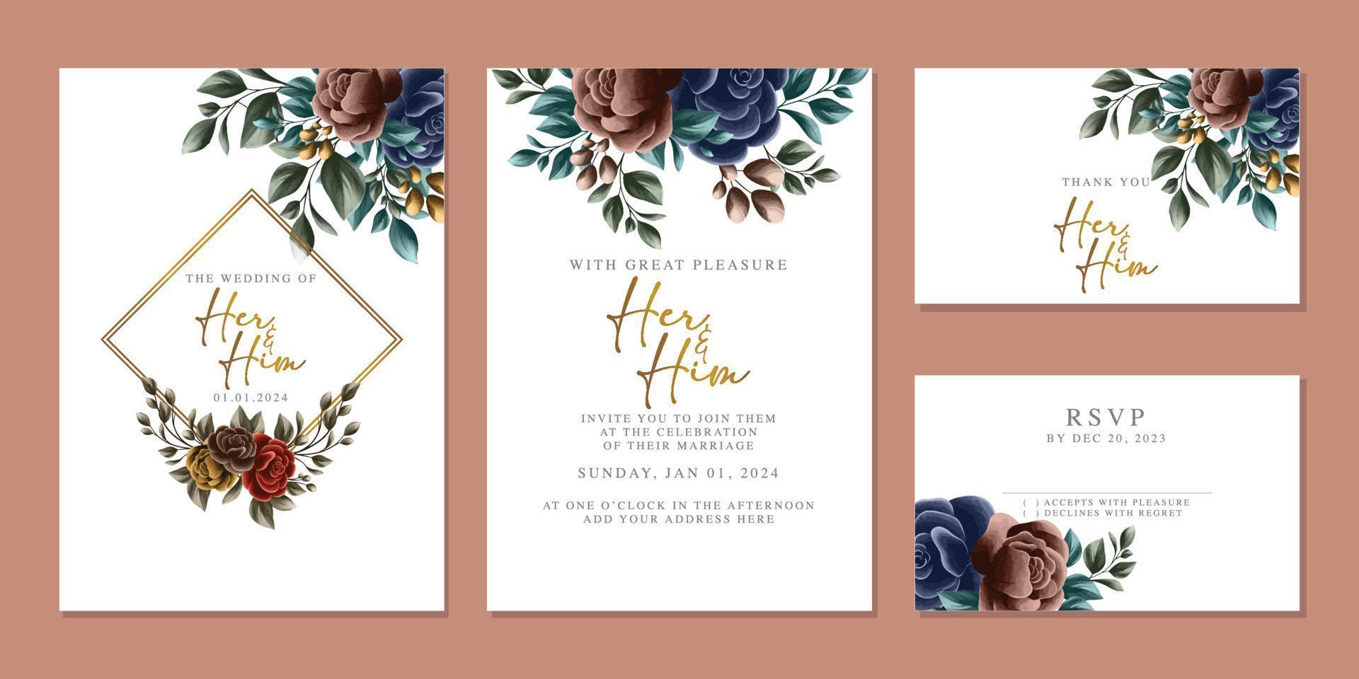 modèle de fond de carte d'invitation de mariage de belles fleurs de luxe vecteur