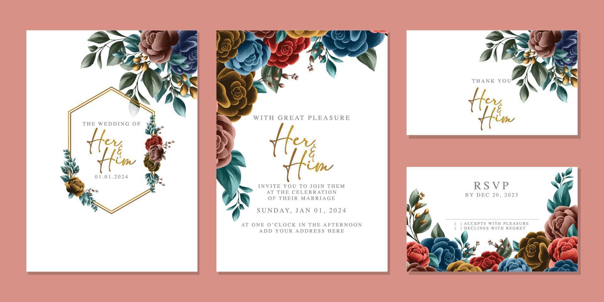 modèle de fond de carte d'invitation de mariage de belles fleurs de luxe vecteur