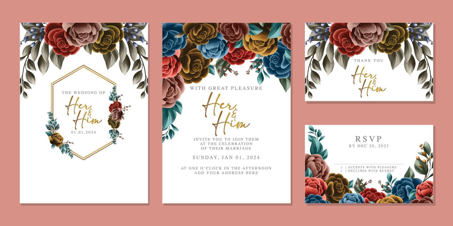 modèle de fond de carte d'invitation de mariage de belles fleurs de luxe vecteur