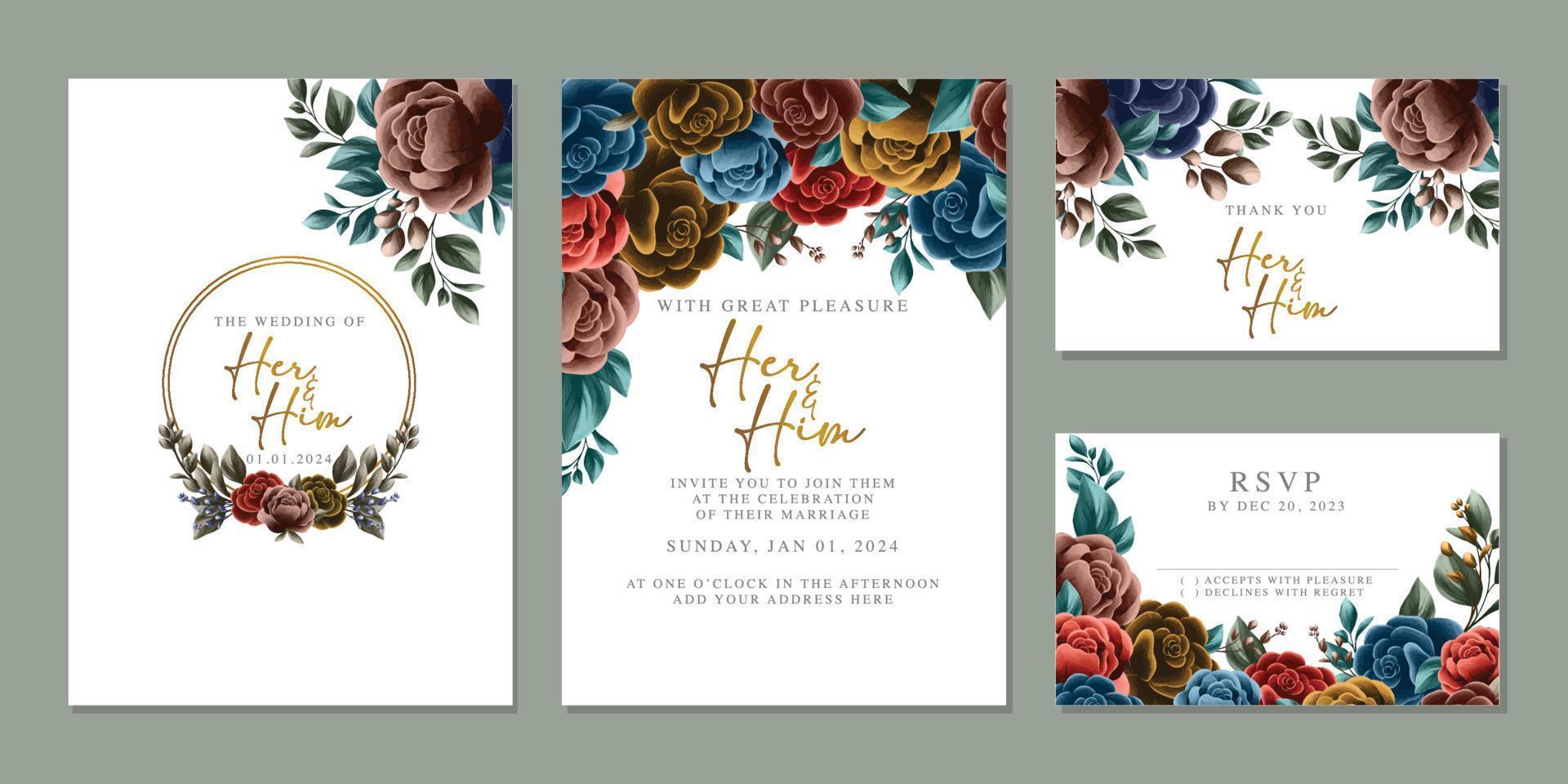 modèle de fond de carte d'invitation de mariage de belles fleurs de luxe vecteur