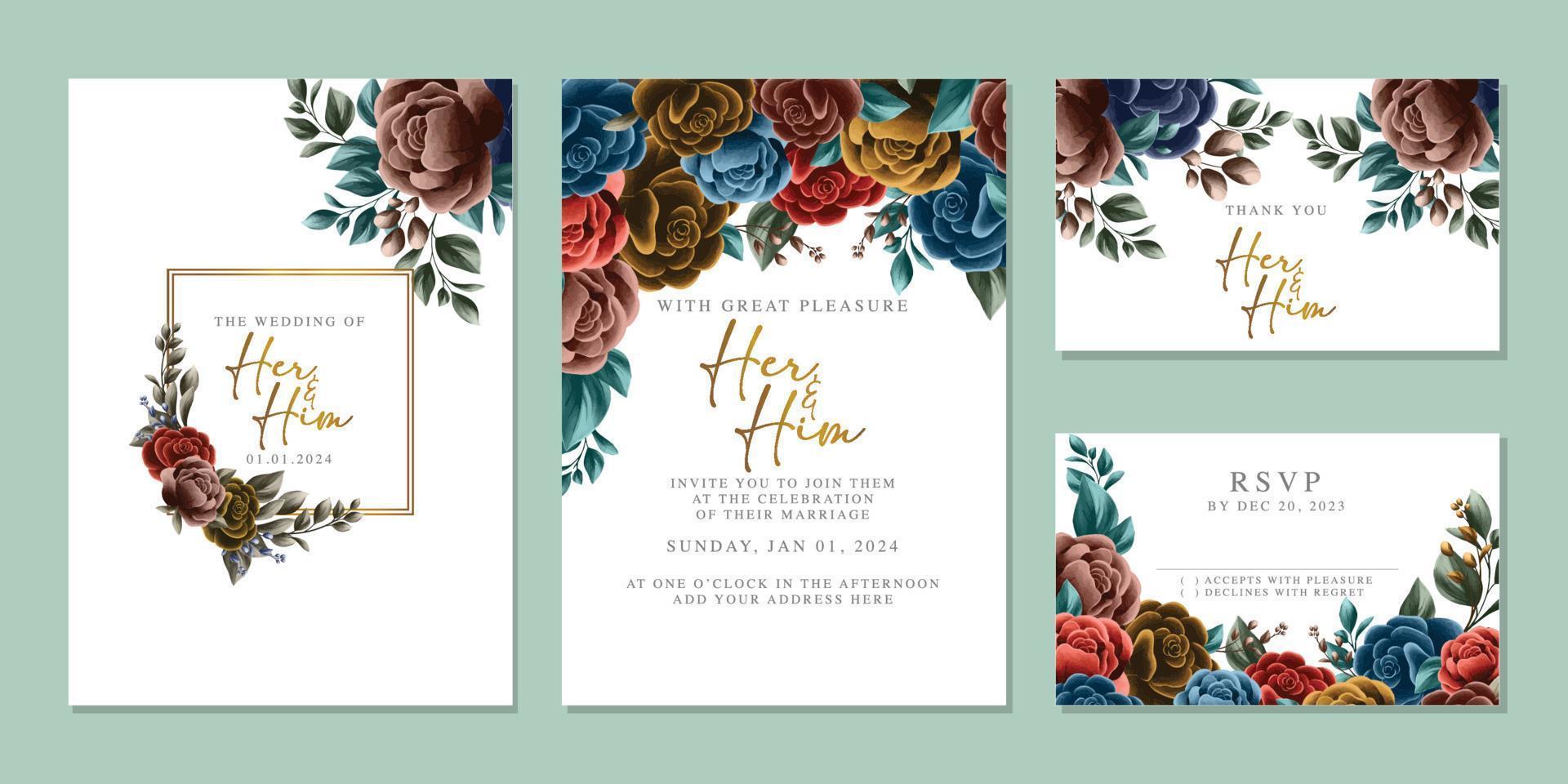 modèle de fond de carte d'invitation de mariage de belles fleurs de luxe vecteur