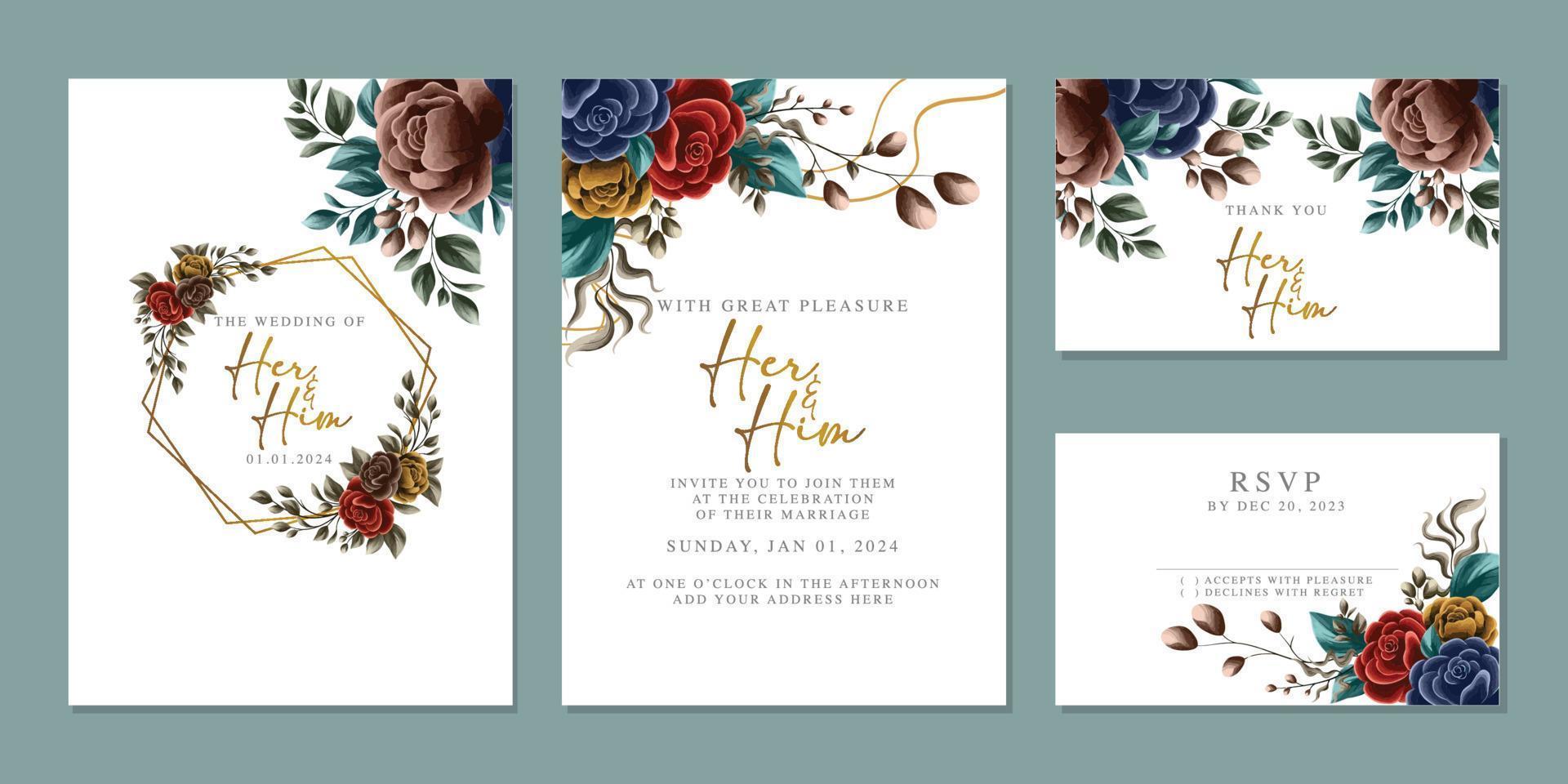 modèle de fond de carte d'invitation de mariage de belles fleurs de luxe vecteur