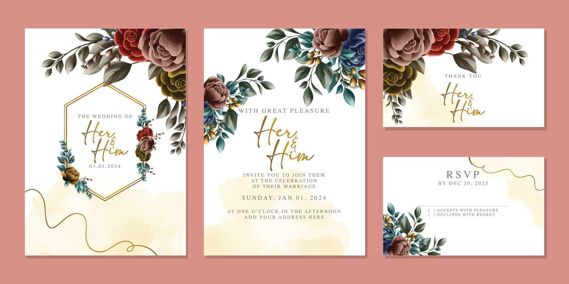 modèle de fond de carte d'invitation de mariage de belles fleurs de luxe vecteur