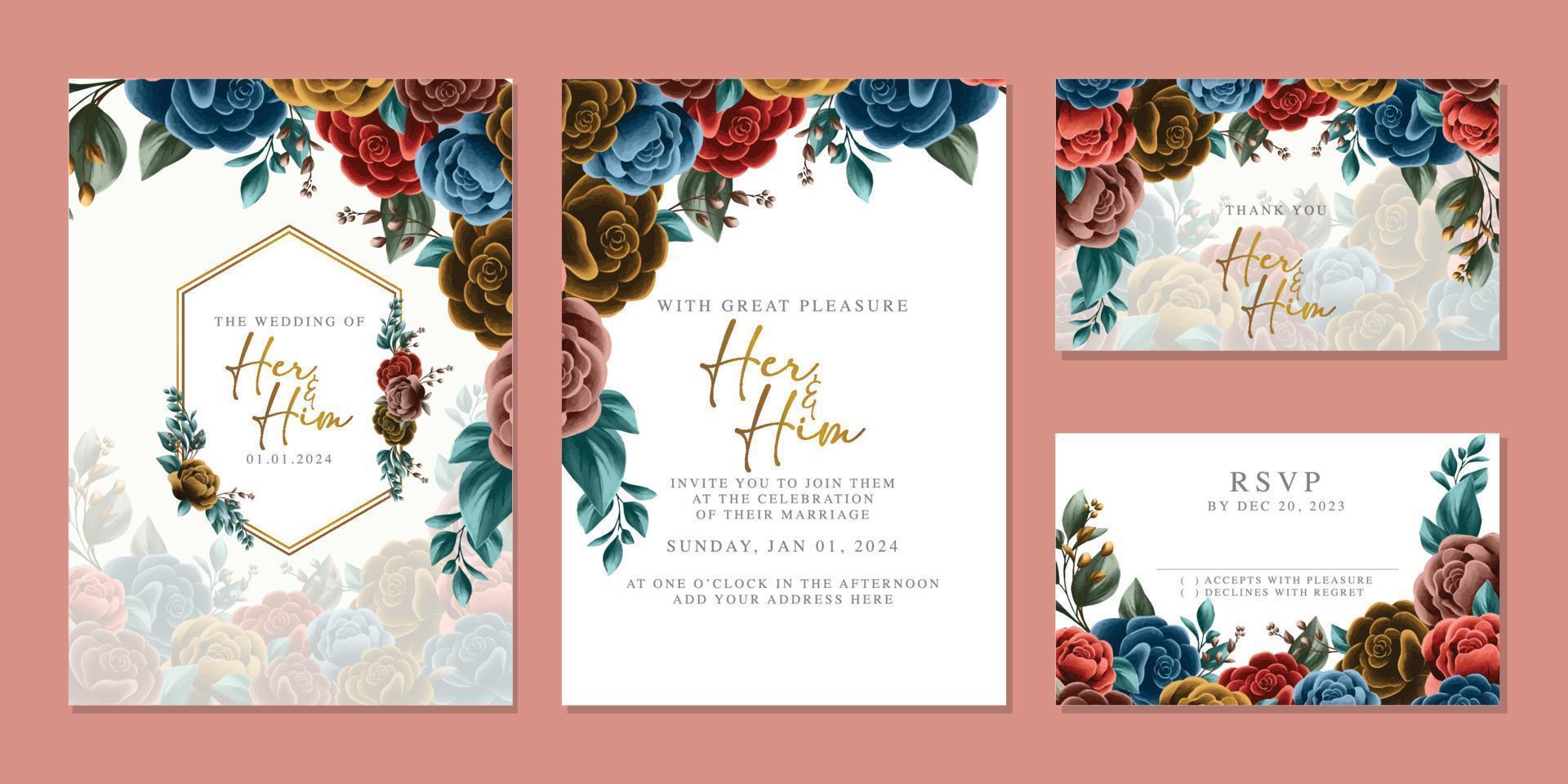 modèle de fond de carte d'invitation de mariage de belles fleurs de luxe vecteur