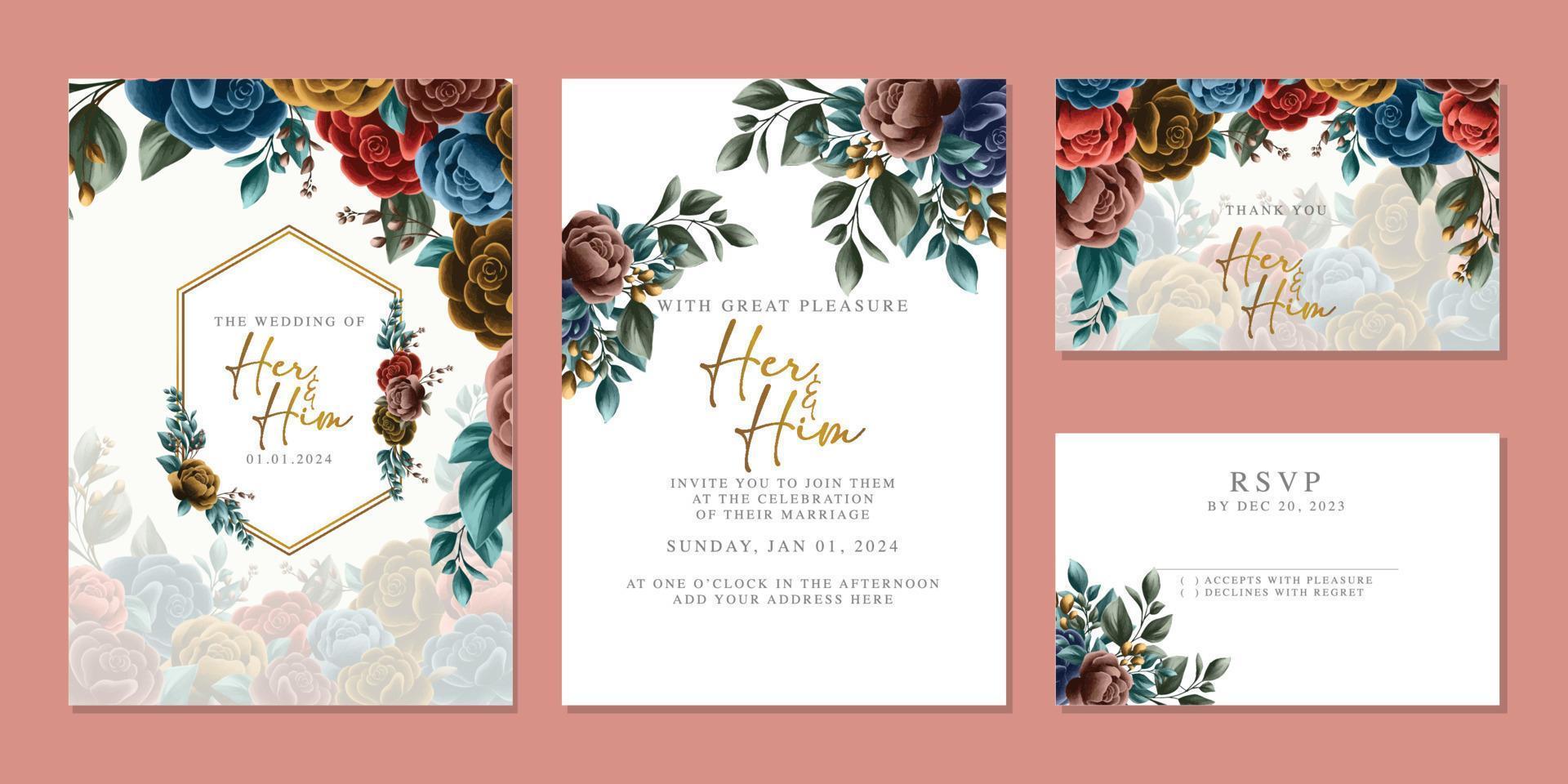 modèle de fond de carte d'invitation de mariage de belles fleurs de luxe vecteur