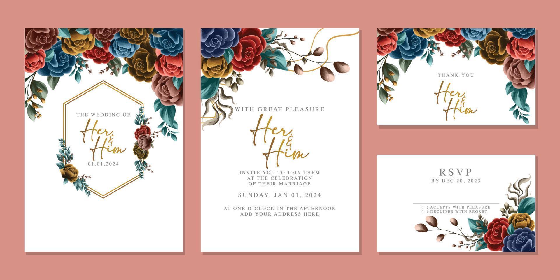 modèle de fond de carte d'invitation de mariage de belles fleurs de luxe vecteur