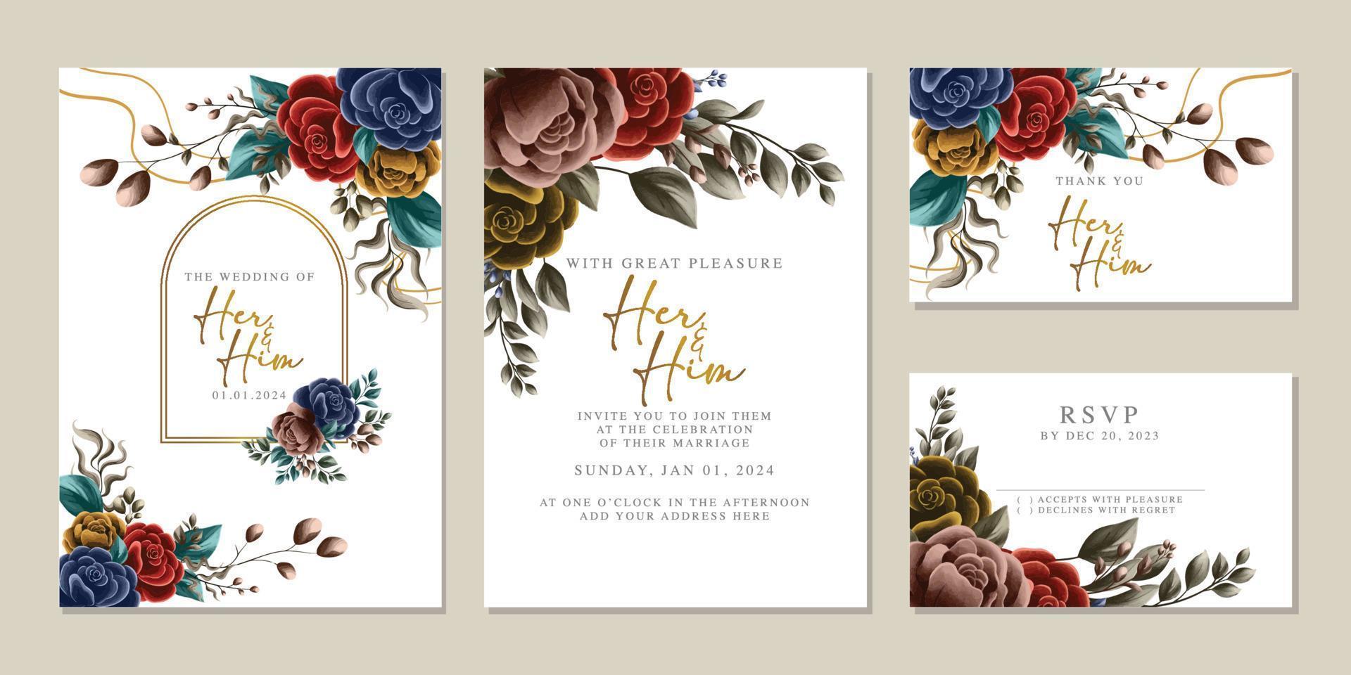 modèle de fond de carte d'invitation de mariage de belles fleurs de luxe vecteur