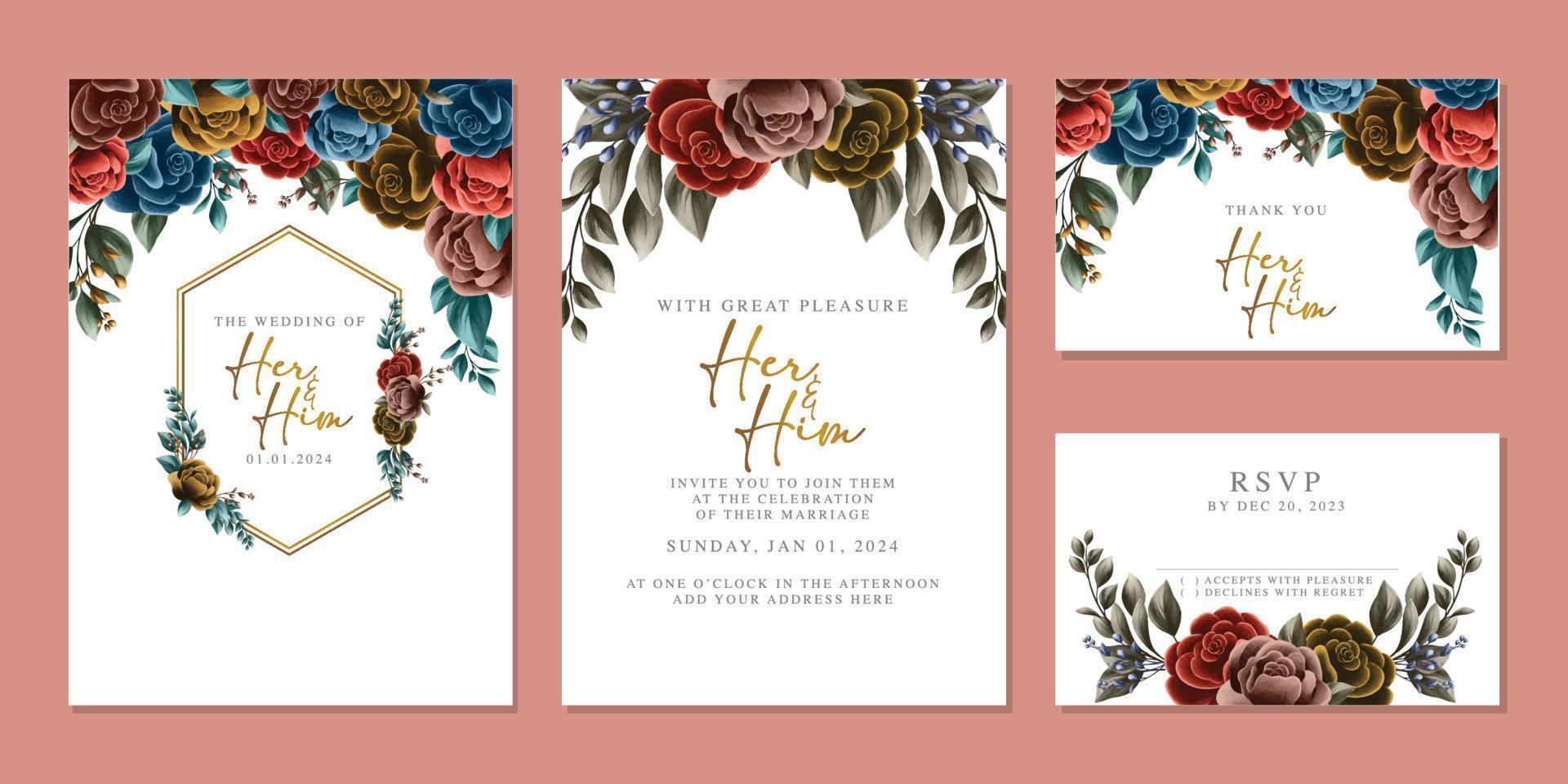 modèle de fond de carte d'invitation de mariage de belles fleurs de luxe vecteur