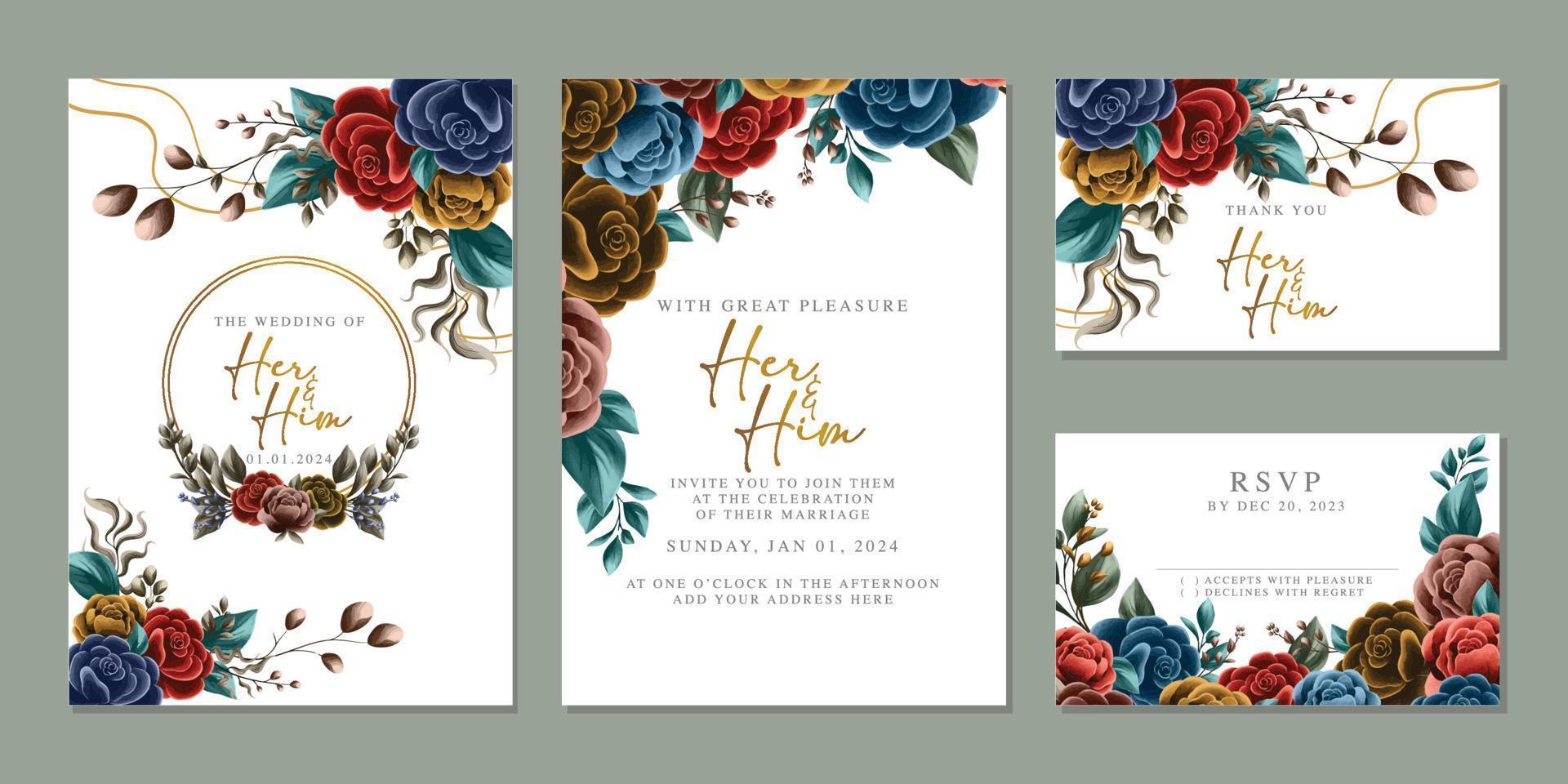 modèle de fond de carte d'invitation de mariage de belles fleurs de luxe vecteur