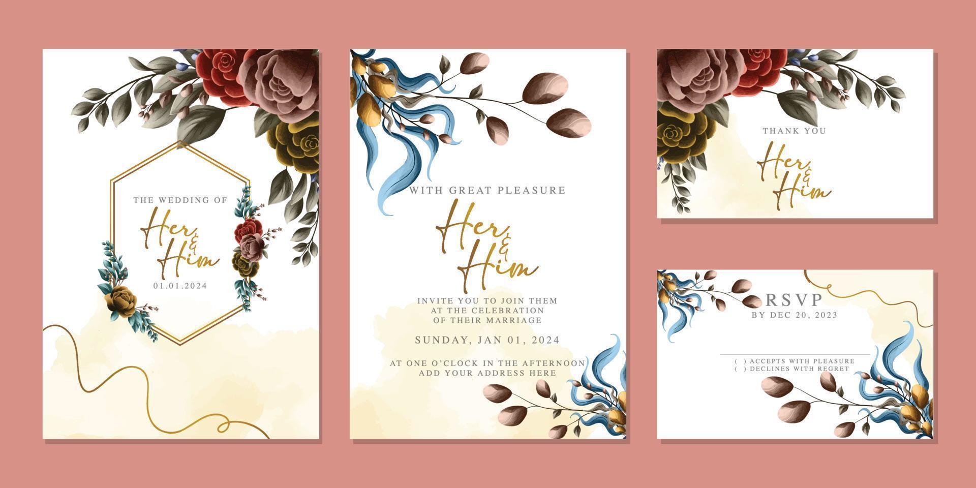 modèle de fond de carte d'invitation de mariage de belles fleurs de luxe vecteur