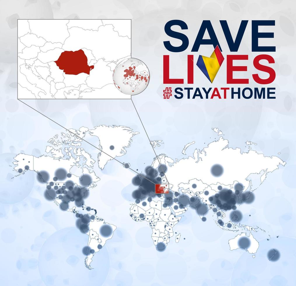 carte du monde avec des cas de coronavirus axés sur la roumanie, maladie covid-19 en roumanie. le slogan sauve des vies avec le drapeau de la roumanie. vecteur