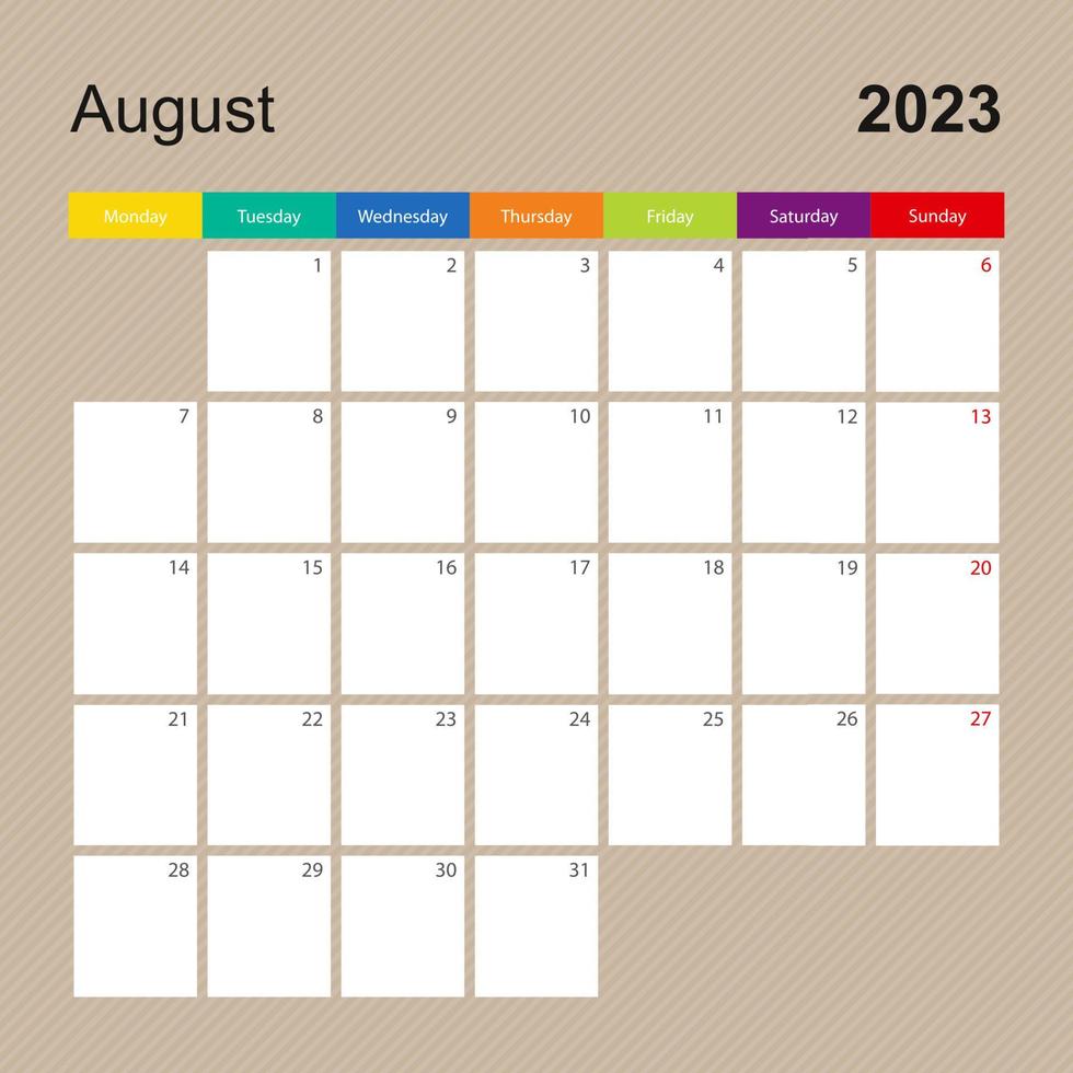 page de calendrier pour août 2023, planificateur mural au design coloré. la semaine commence le lundi. vecteur