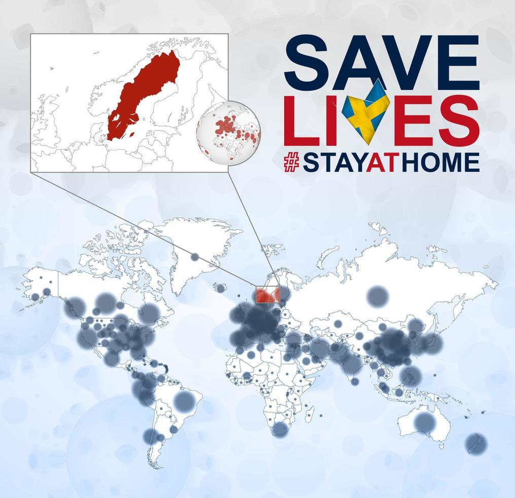 carte du monde avec des cas de coronavirus axés sur la suède, maladie covid-19 en suède. le slogan sauve des vies avec le drapeau de la suède. vecteur