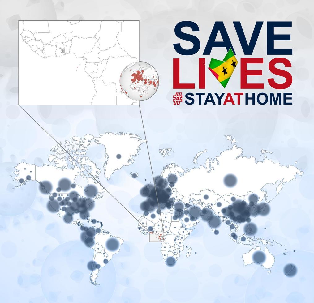 carte du monde avec des cas de coronavirus concentrés sur sao tomé et principe, maladie covid-19 à sao tomé et principe. le slogan sauve des vies avec le drapeau de sao tomé et principe. vecteur