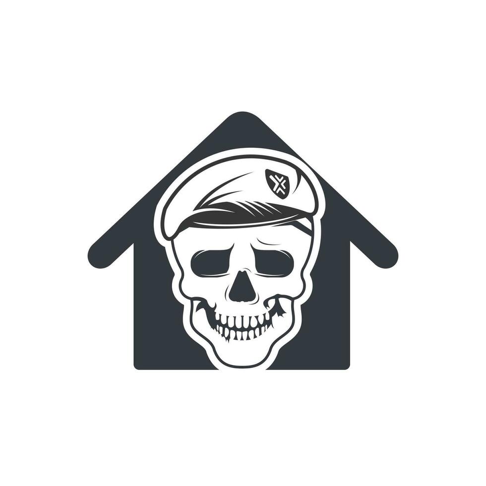 crâne dans un casque de soldat avec création de logo vectoriel en forme de maison.