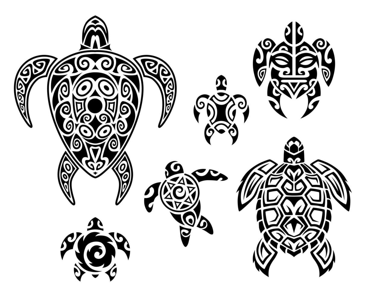 ensemble de style maori de tortues de mer. croquis de tatouage. pour impression, t-shirt, cartes, tissu, tatouage. vecteur