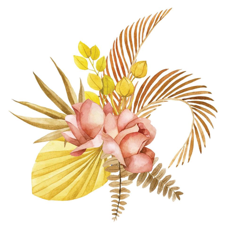 dessin à l'aquarelle. bouquet de feuilles et de fleurs tropicales sèches. composition feuilles de palmier bohème vecteur