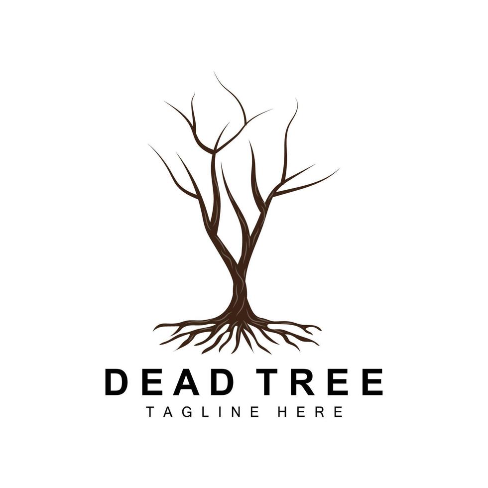 création de logo d'arbre, illustration d'arbre mort, coupe d'arbre sauvage, vecteur de réchauffement climatique, sécheresse de la terre, icônes de marque de produit