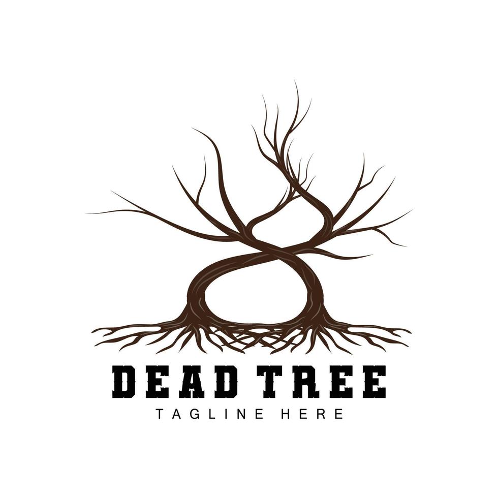 création de logo d'arbre, illustration d'arbre mort, coupe d'arbre sauvage, vecteur de réchauffement climatique, sécheresse de la terre, icônes de marque de produit