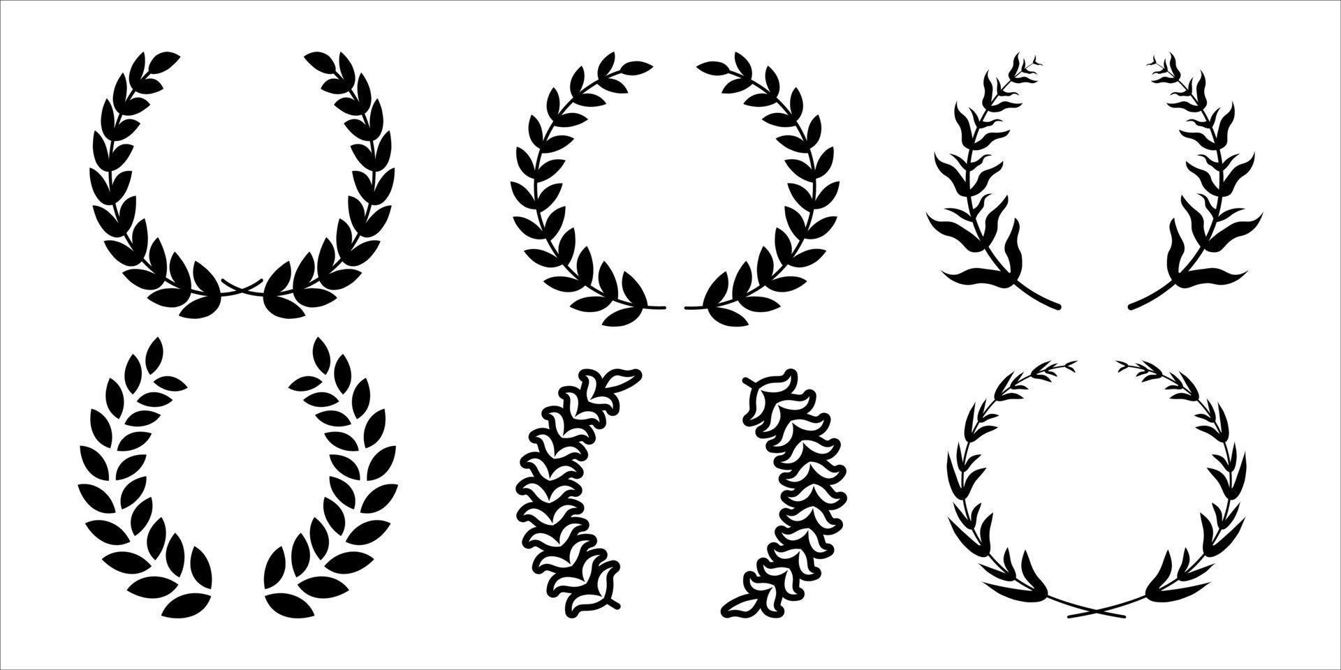 ensemble de couronnes de feuilles de laurier et de chêne circulaires à silhouette noire et blanche représentant un prix, une réalisation, une héraldique, une noblesse. illustration vectorielle. vecteur