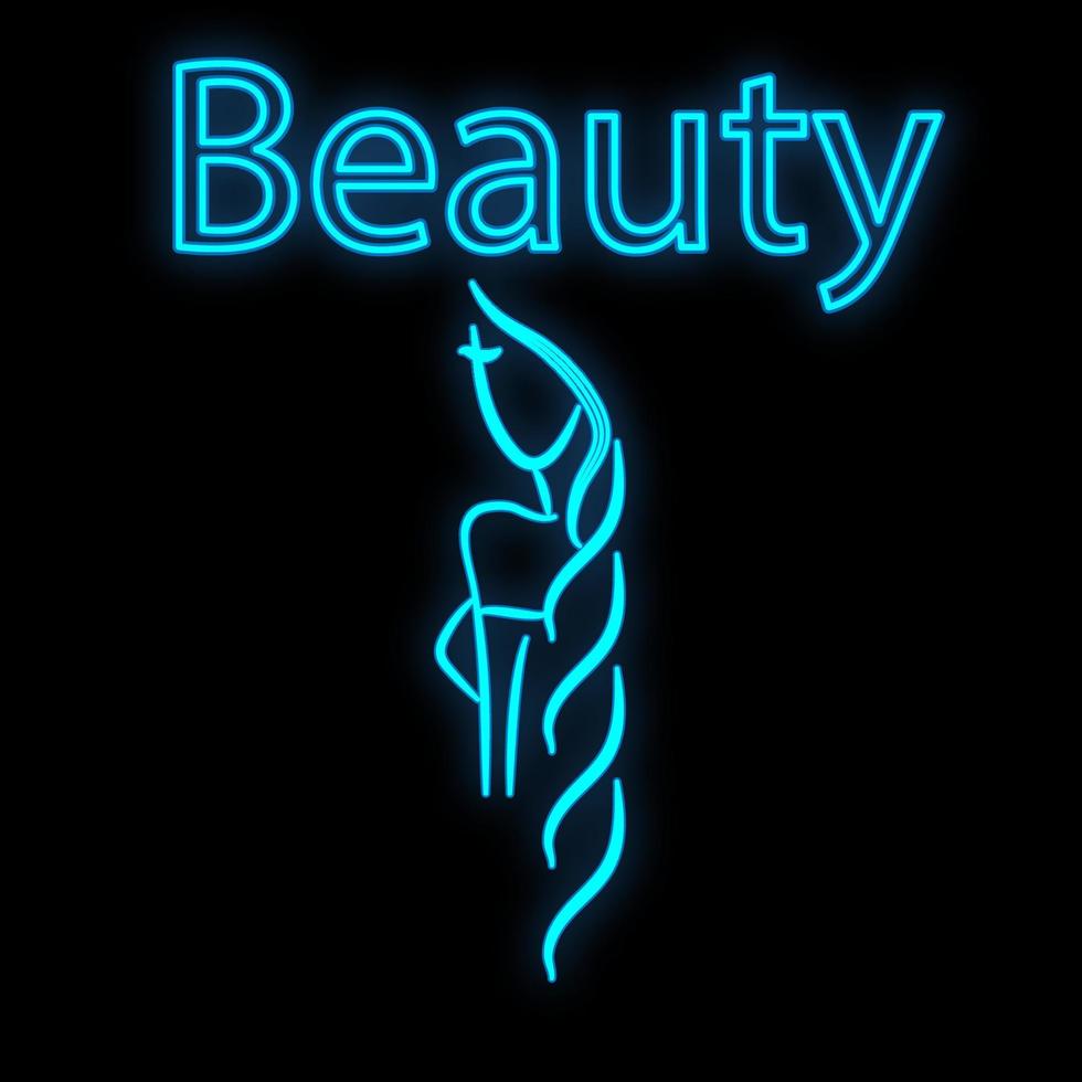enseigne au néon bleu lumineux lumineux pour un salon de beauté beau spa de beauté brillant avec un visage féminin et des cheveux sur fond noir. illustration vectorielle vecteur