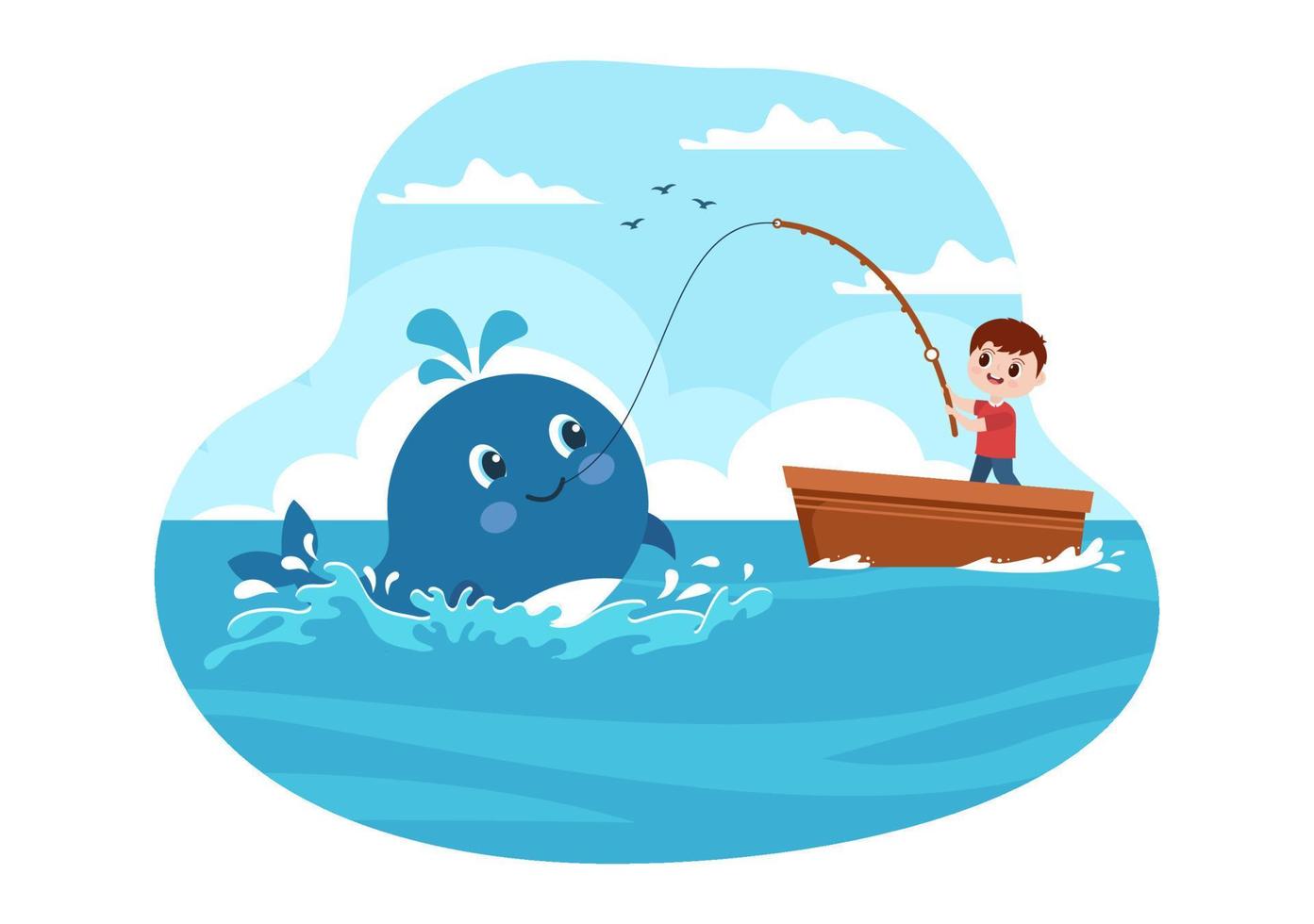 chasse à la baleine avec baleine et mignon petit enfant au milieu de la mer profonde à vendre en illustration de modèles de dessin animé plat dessinés à la main vecteur