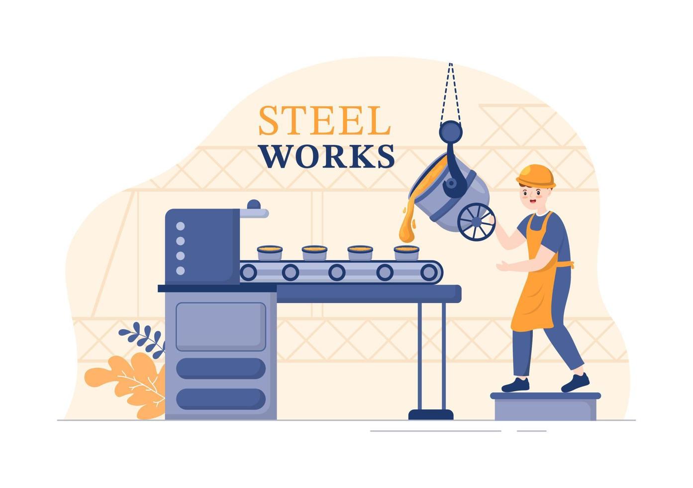 aciéries avec extraction de ressources, fusion de métal dans une grande fonderie et acier chaud coulant dans une illustration de modèles dessinés à la main de dessin animé plat vecteur