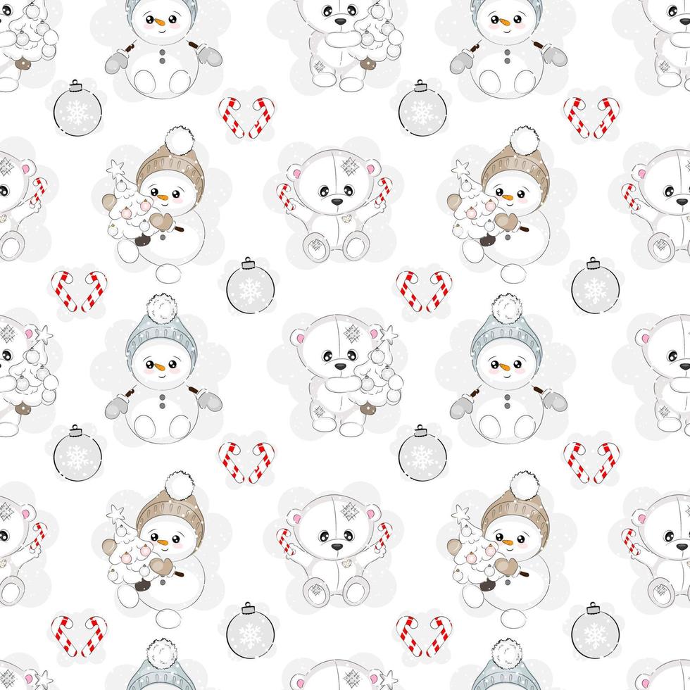 modèle sans couture avec ours de noël blanc et bonhomme de neige, illustration vectorielle vecteur